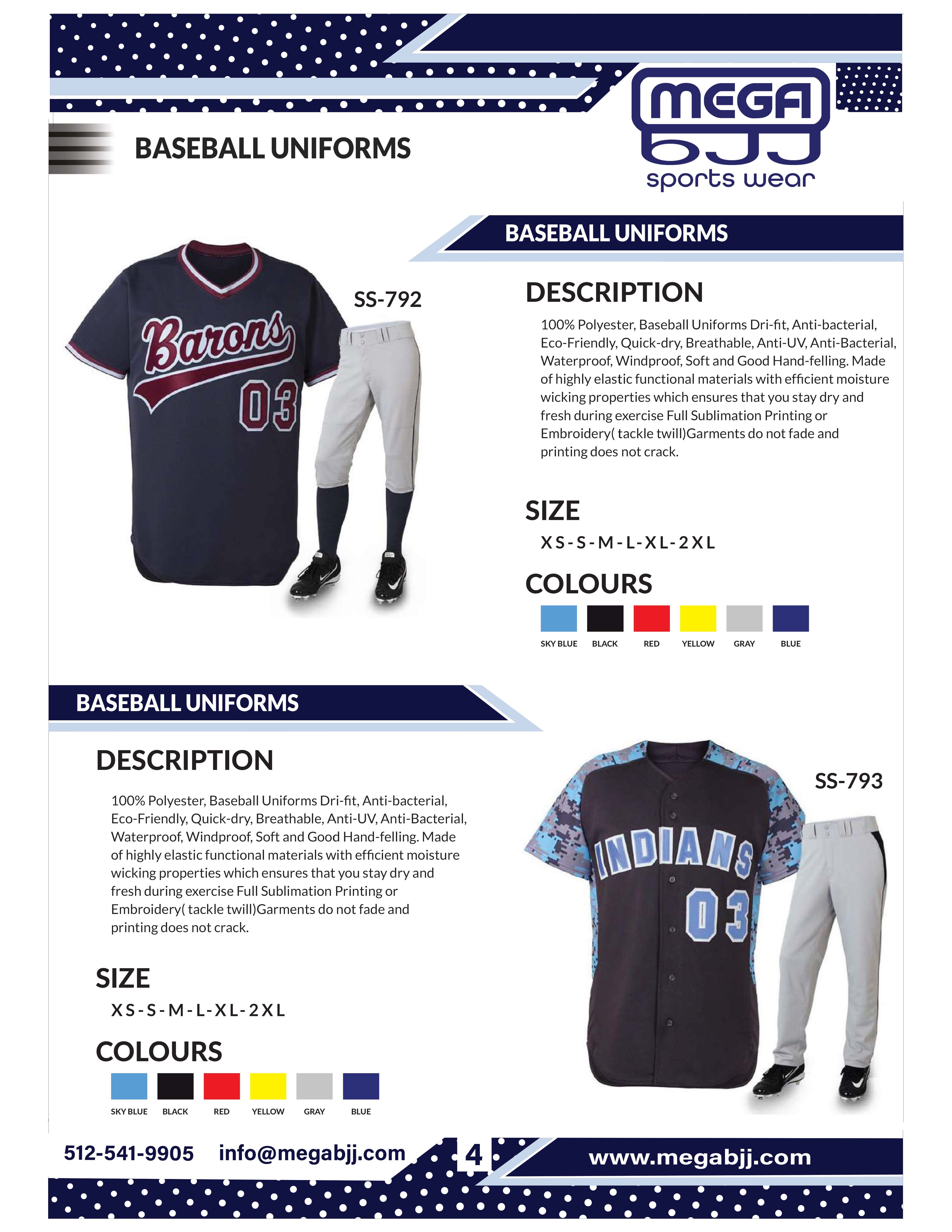 Catalog of customizable baseball uniforms available at Mega BJJ, featuring high-quality materials and personalized design options for teams.