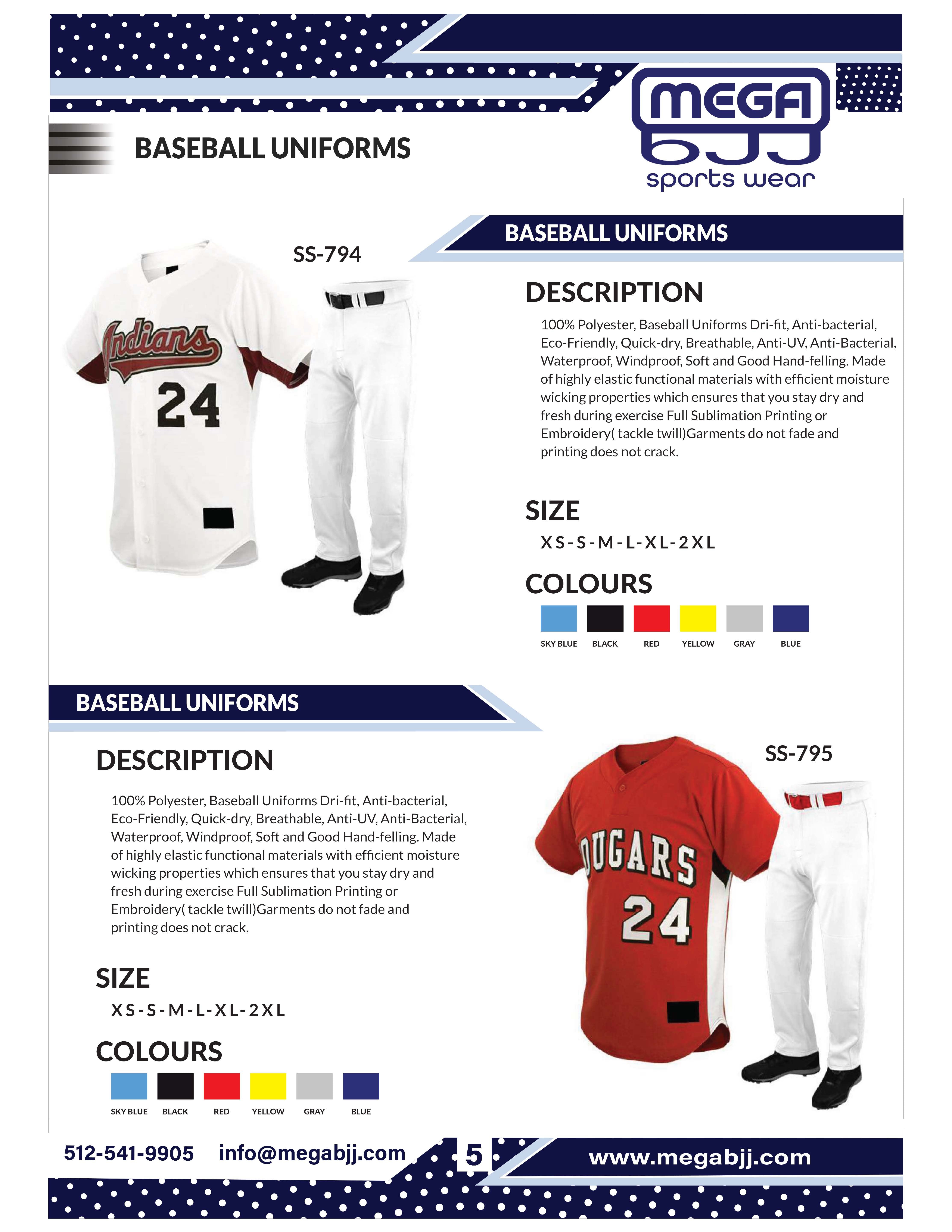 Catalog of customizable baseball uniforms available at Mega BJJ, featuring high-quality materials and personalized design options for teams.
