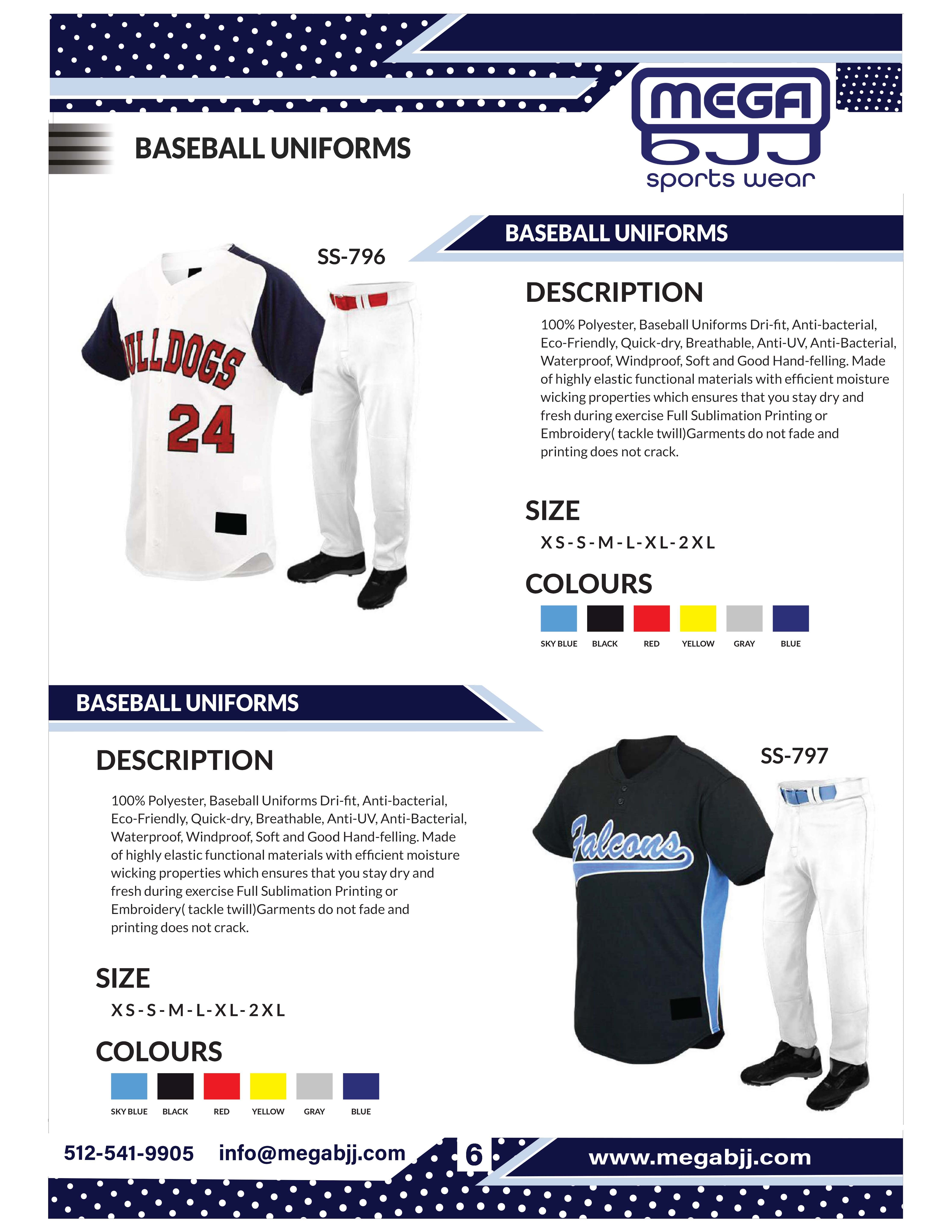 Catalog of customizable baseball uniforms available at Mega BJJ, featuring high-quality materials and personalized design options for teams.