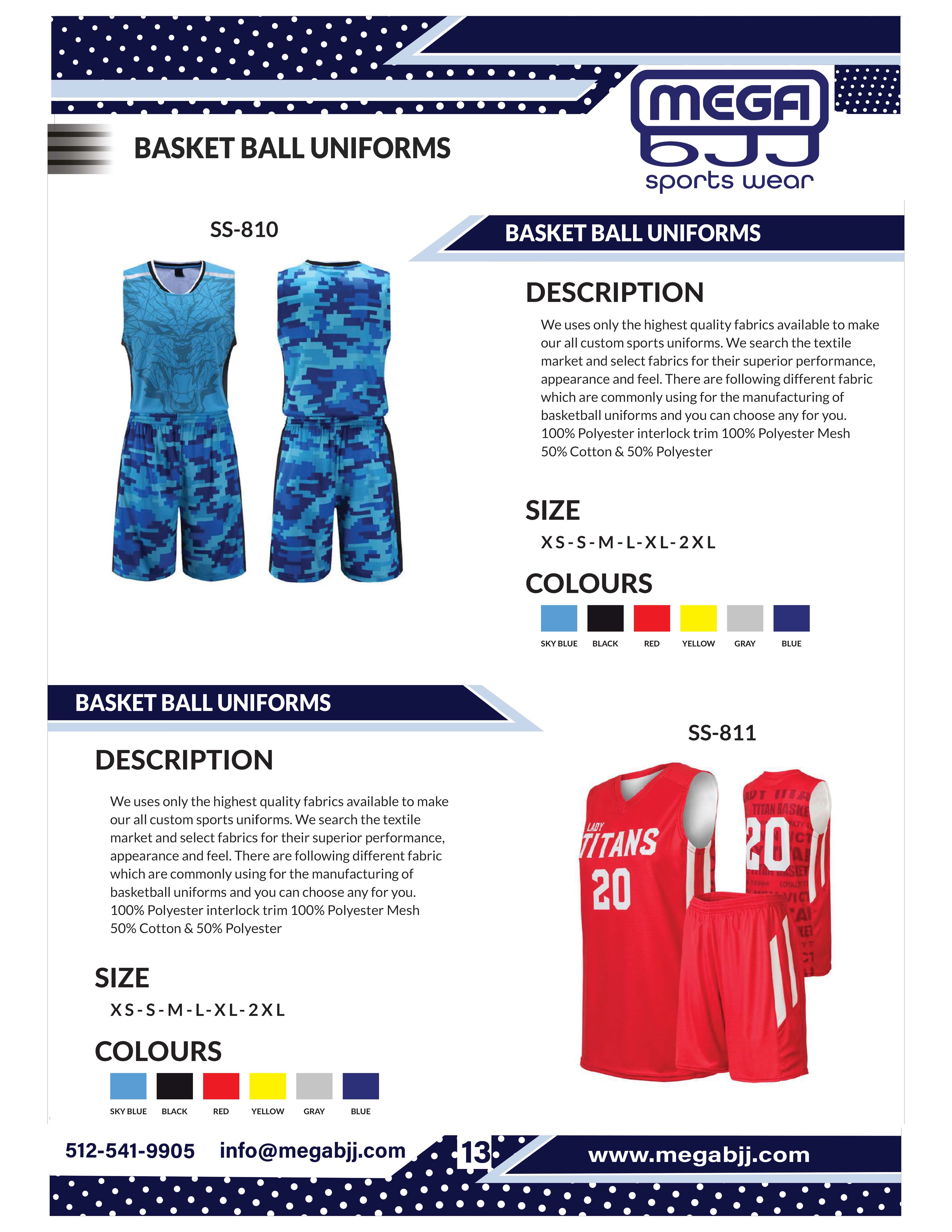 Catalog of customizable basketball uniforms available at Mega BJJ, featuring high-quality materials and personalized design options for teams.