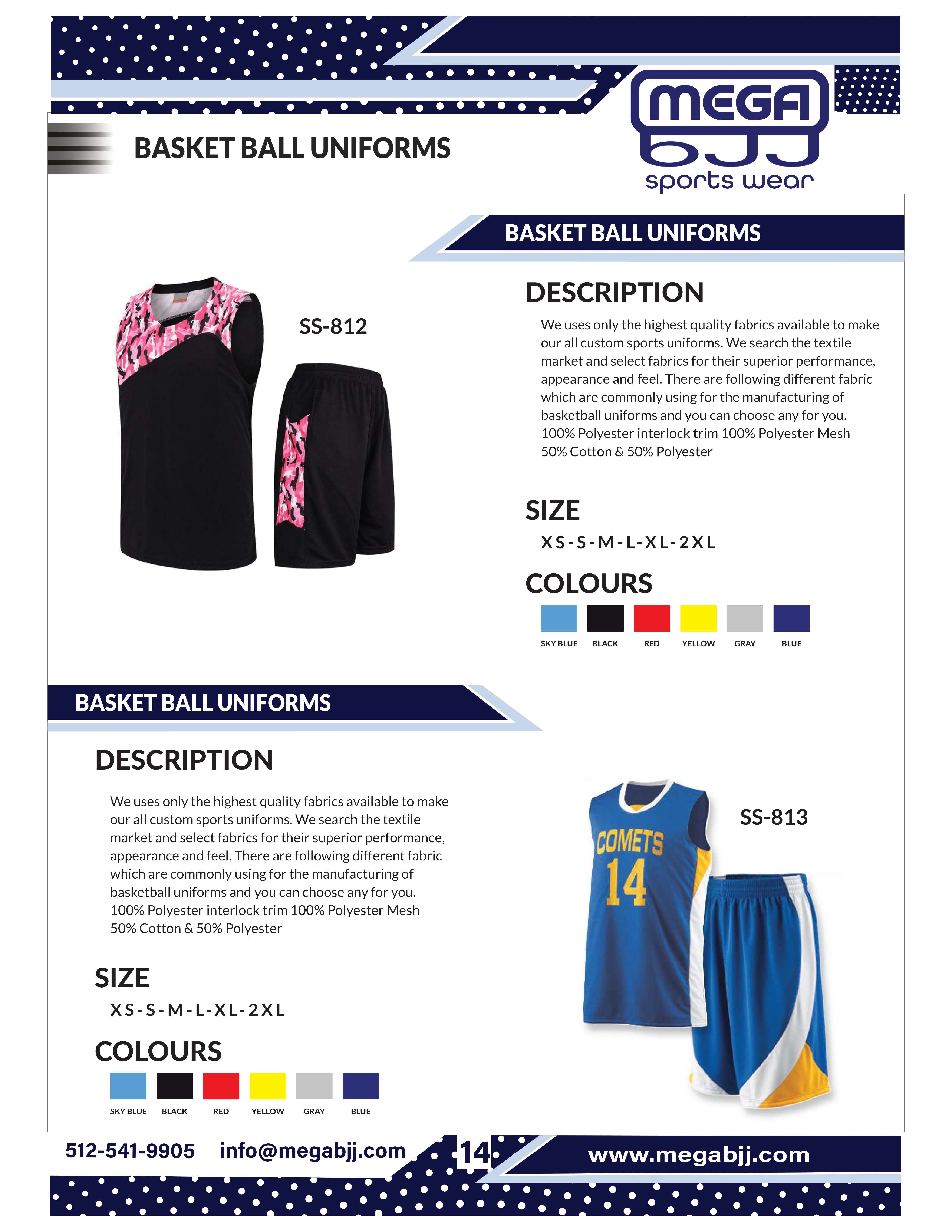 Catalog of customizable basketball uniforms available at Mega BJJ, featuring high-quality materials and personalized design options for teams.