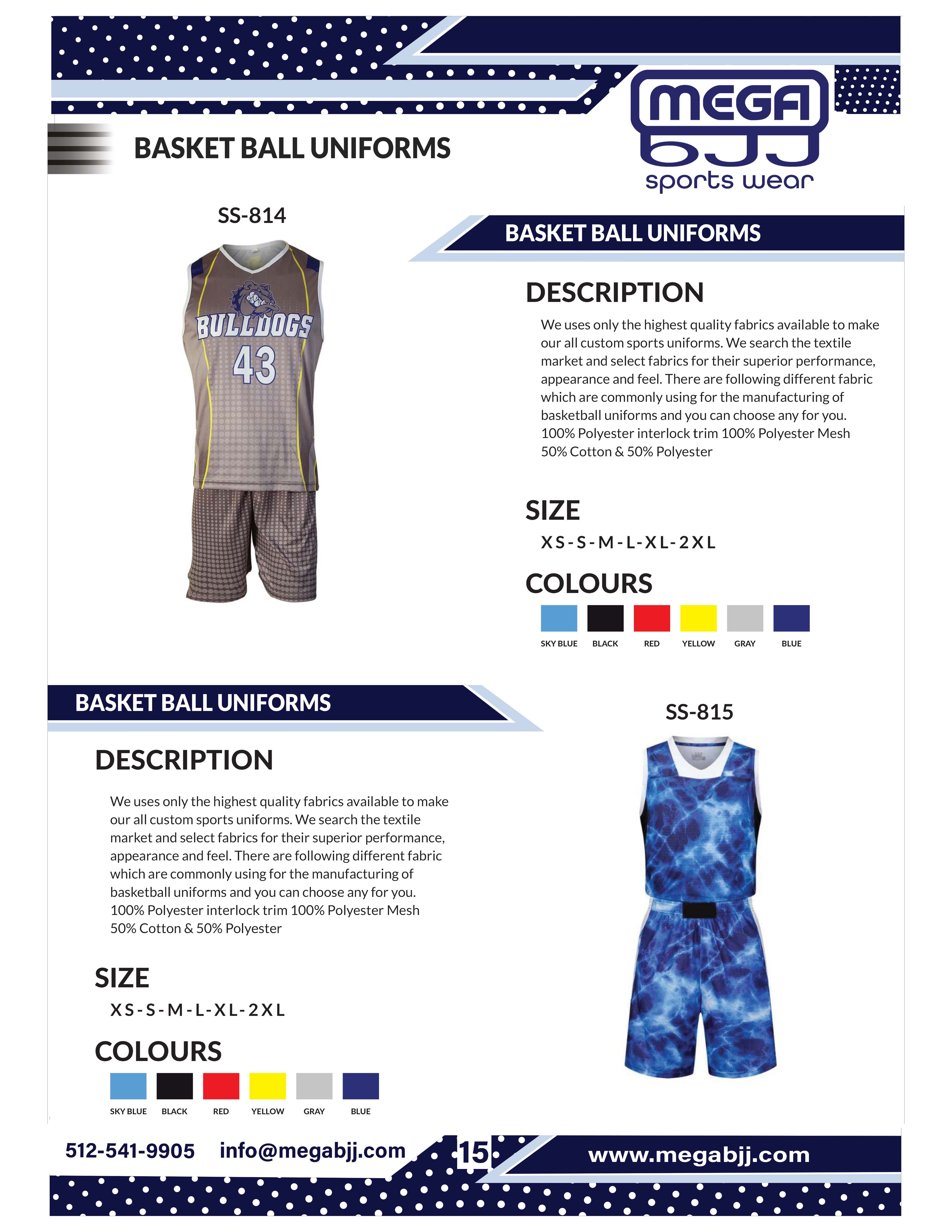 Catalog of customizable basketball uniforms available at Mega BJJ, featuring high-quality materials and personalized design options for teams.