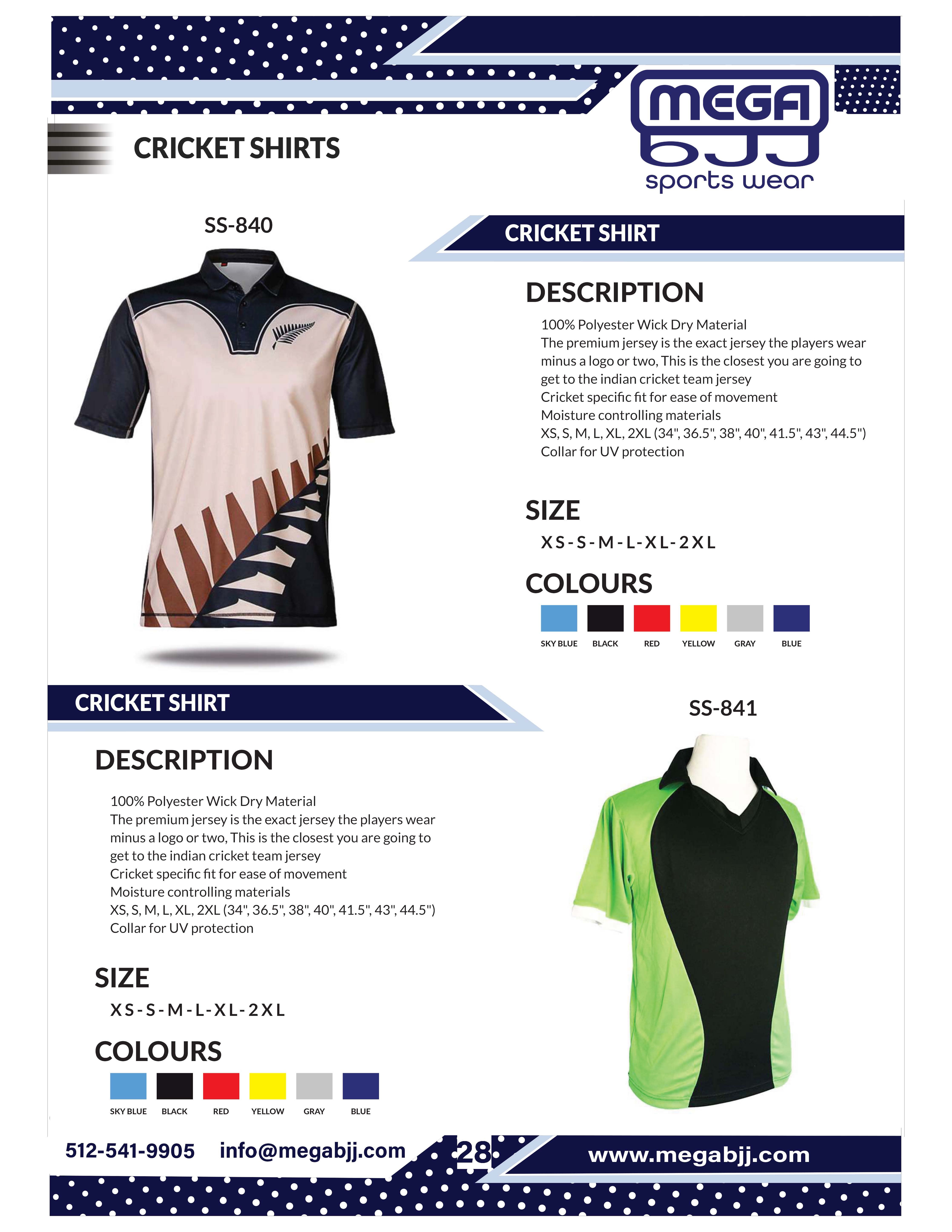 Catalog of customizable cricket uniforms available at Mega BJJ, featuring high-quality materials and personalized design options for teams.