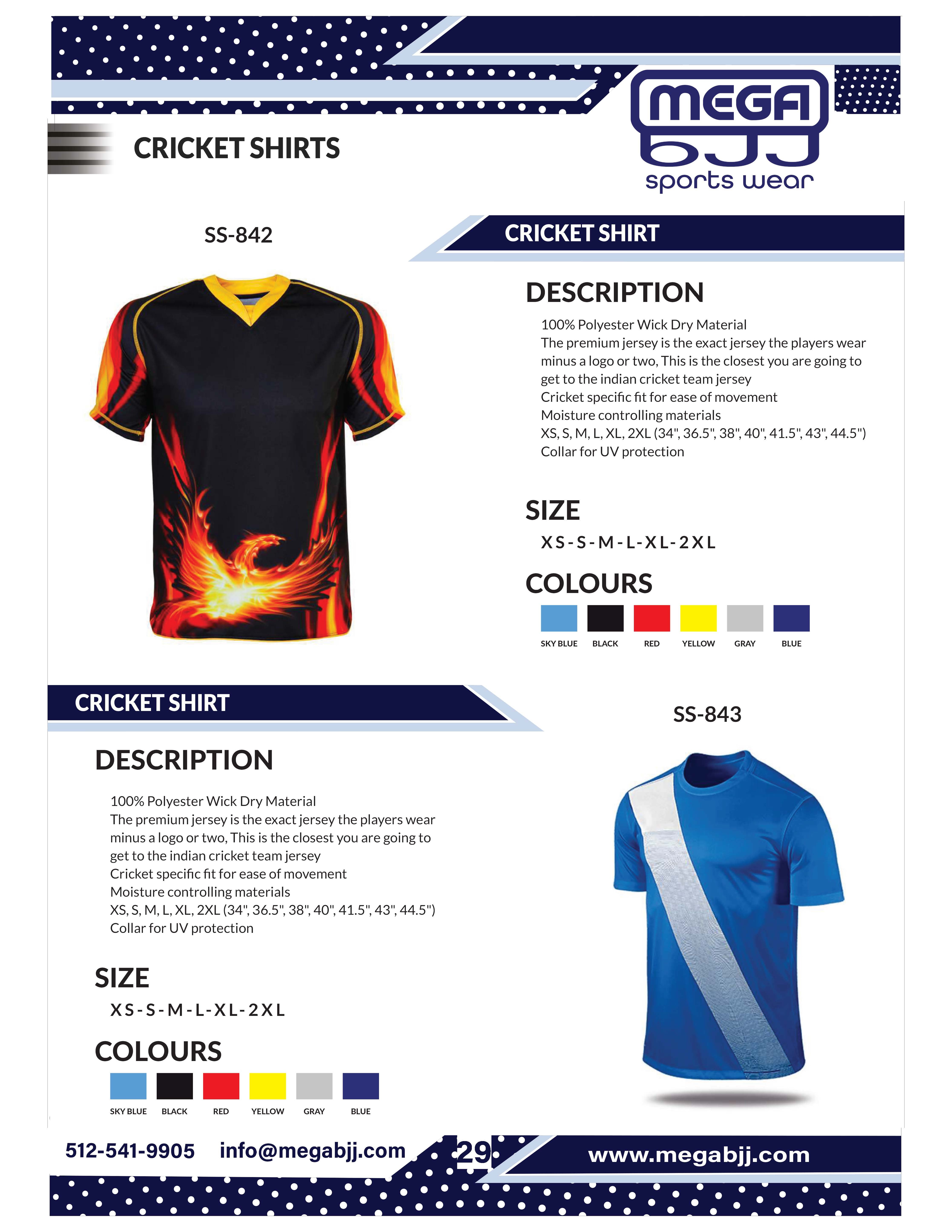 Catalog of customizable cricket uniforms available at Mega BJJ, featuring high-quality materials and personalized design options for teams.