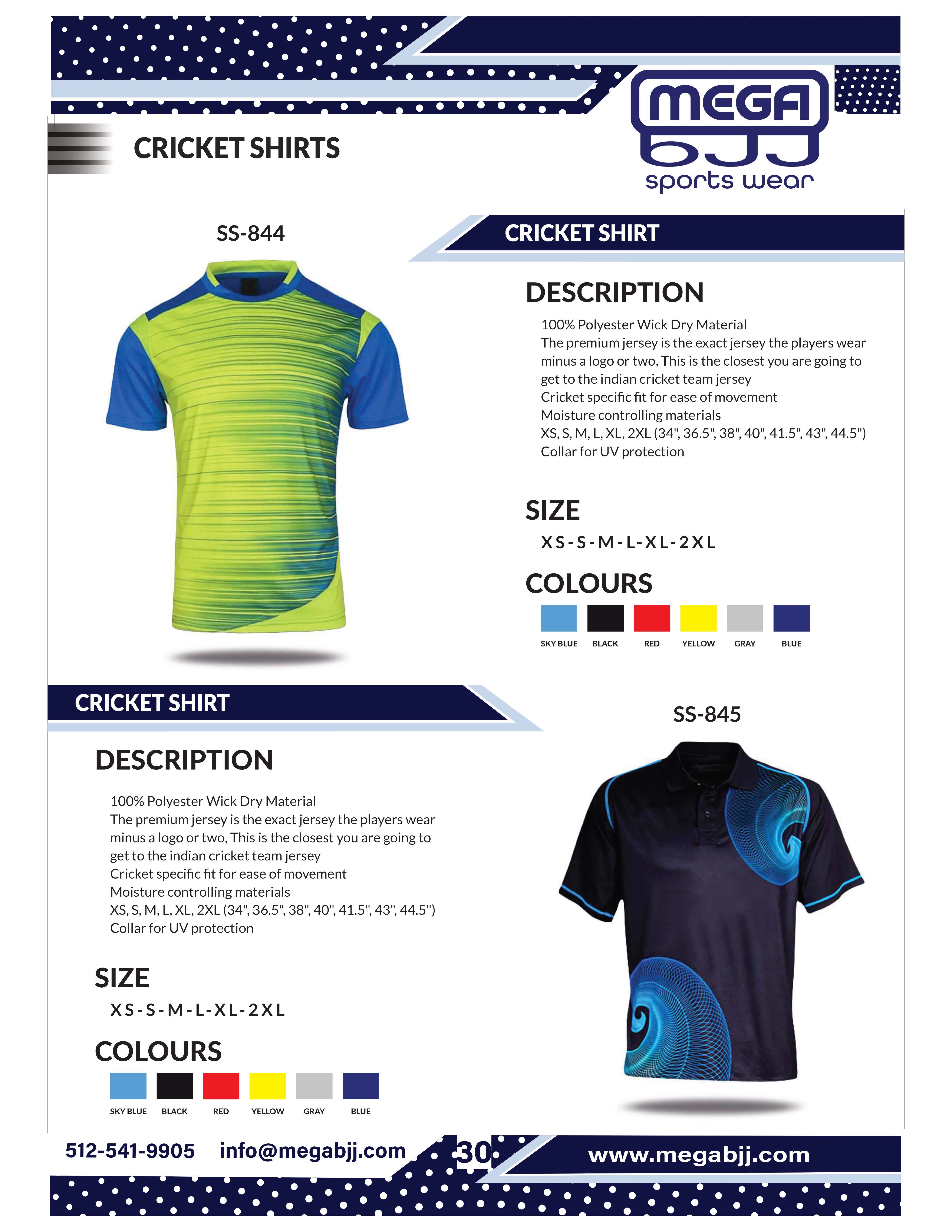 Catalog of customizable cricket uniforms available at Mega BJJ, featuring high-quality materials and personalized design options for teams.