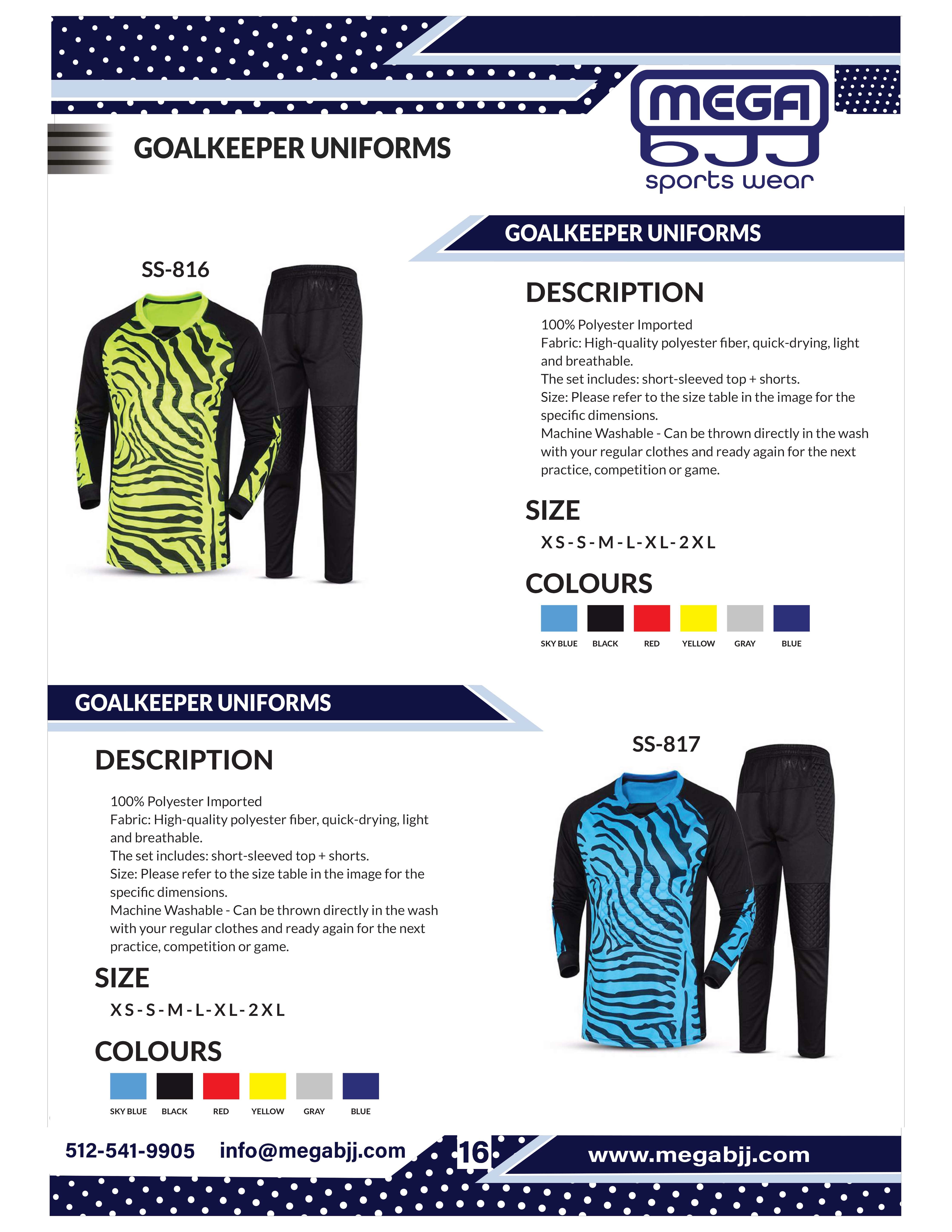 Catalog of customizable goalkeeper uniforms available at Mega BJJ, featuring high-quality materials and personalized design options for teams.