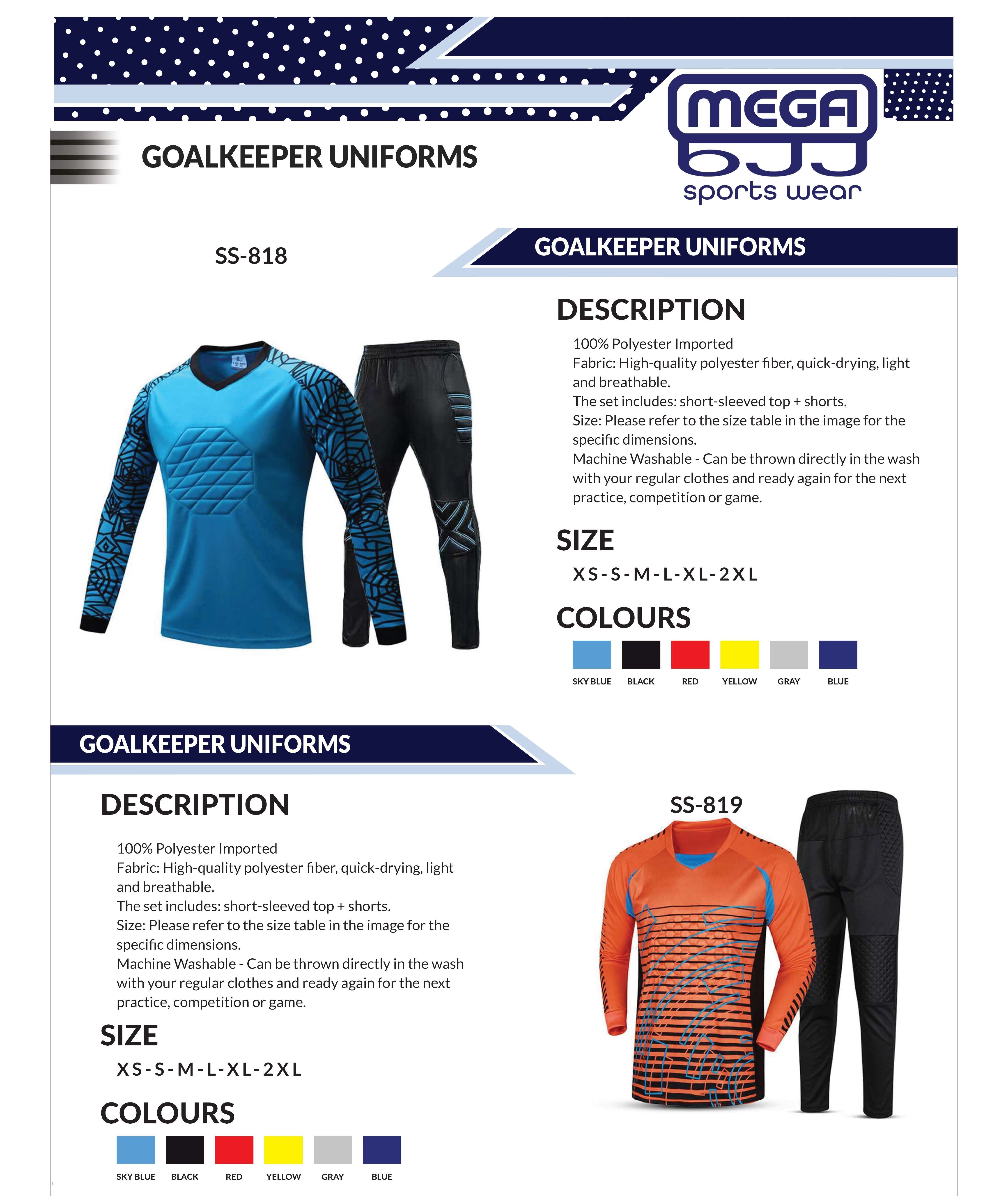 Catalog of customizable goalkeeper uniforms available at Mega BJJ, featuring high-quality materials and personalized design options for teams.