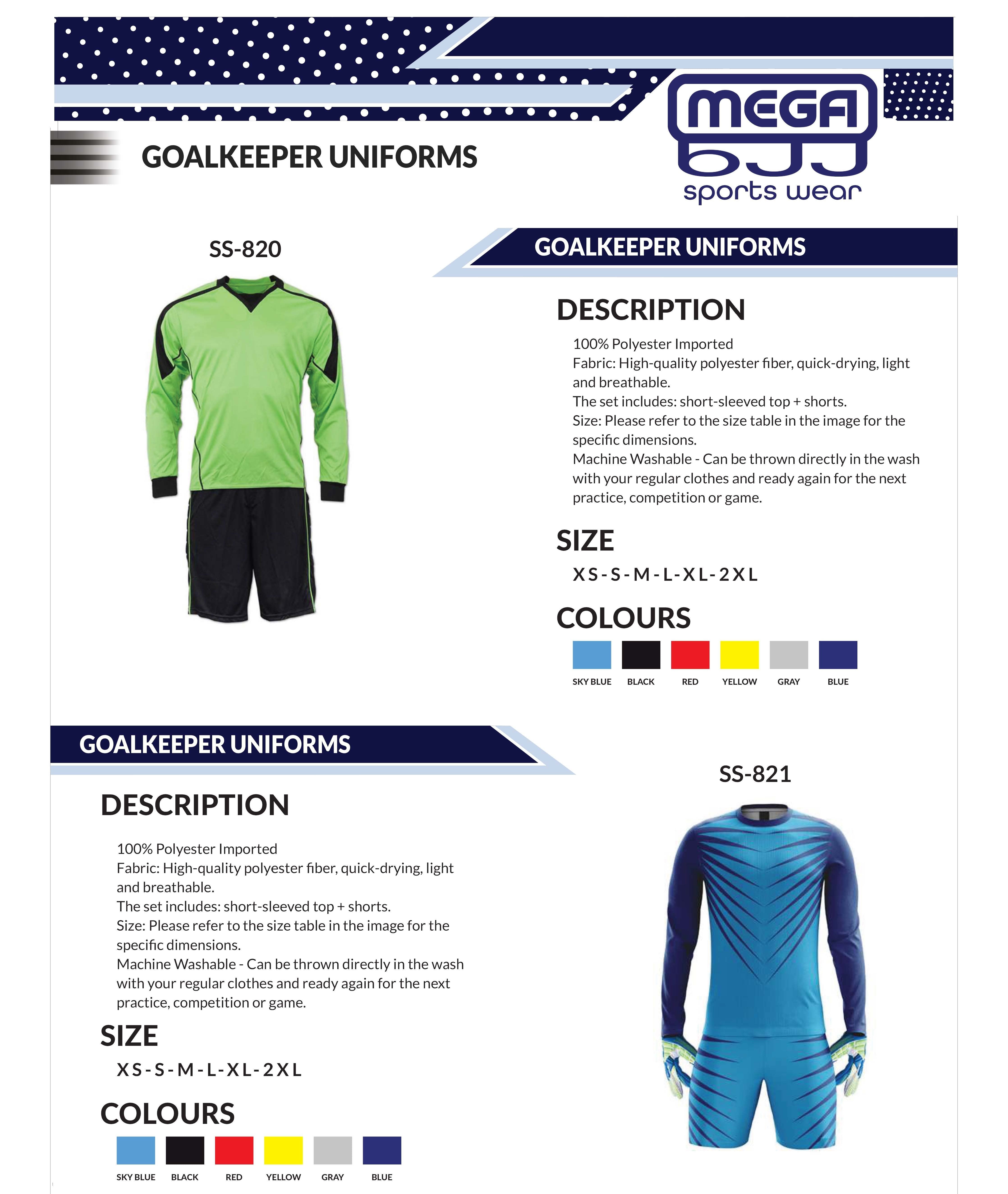 Catalog of customizable goalkeeper uniforms available at Mega BJJ, featuring high-quality materials and personalized design options for teams.