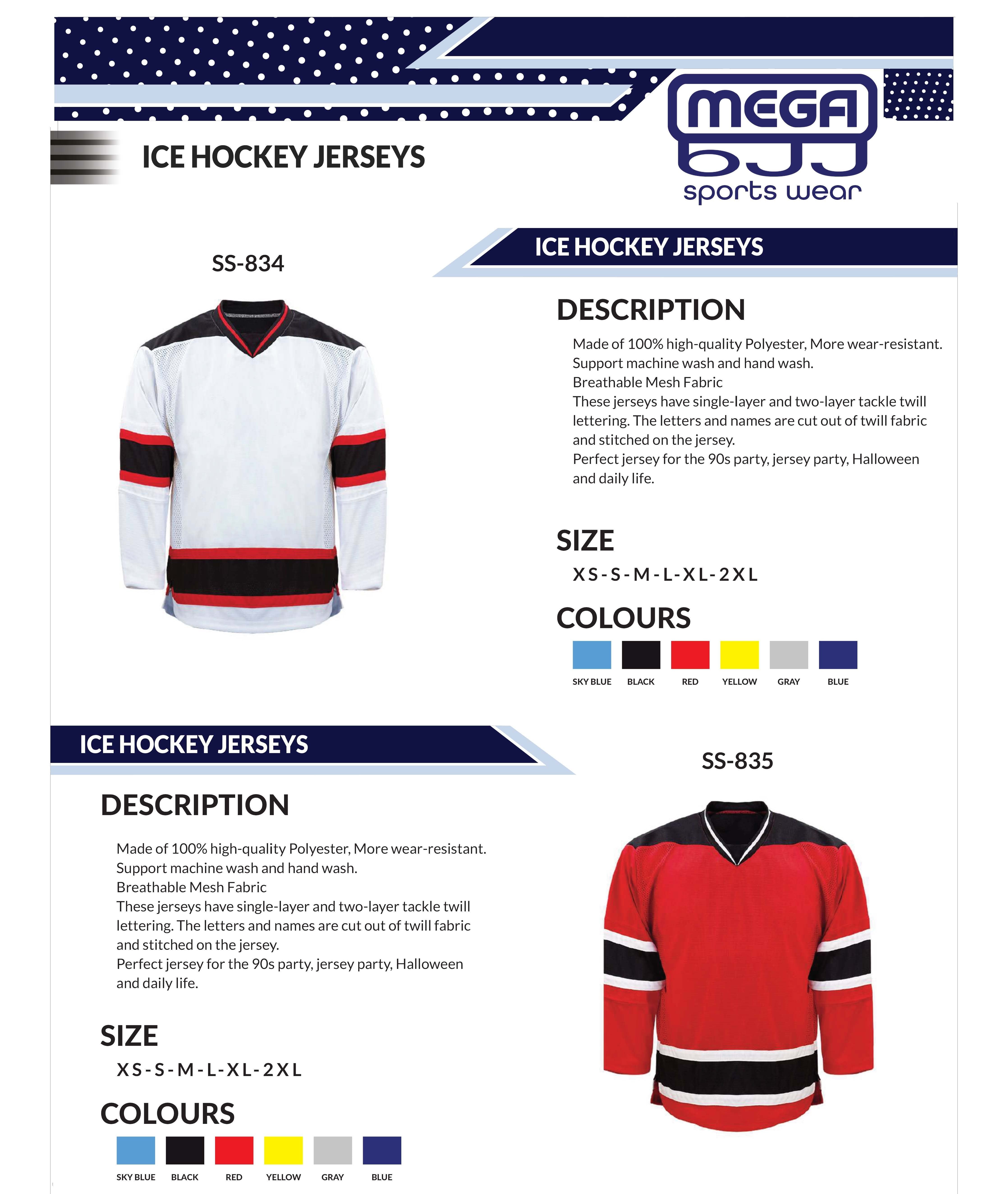 Catalog of customizable ice hockey uniforms available at Mega BJJ, featuring high-quality materials and personalized design options for teams.