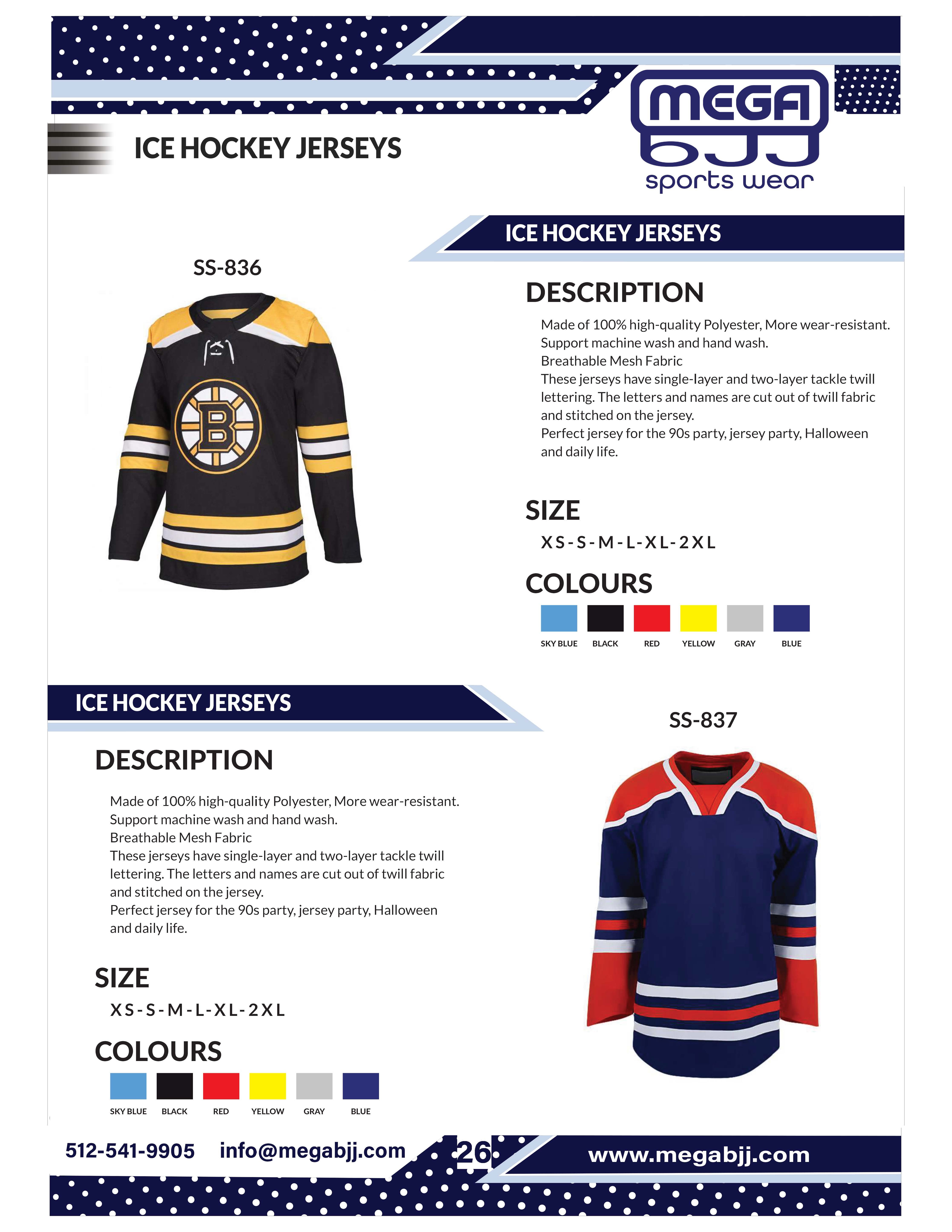 Catalog of customizable ice hockey uniforms available at Mega BJJ, featuring high-quality materials and personalized design options for teams.