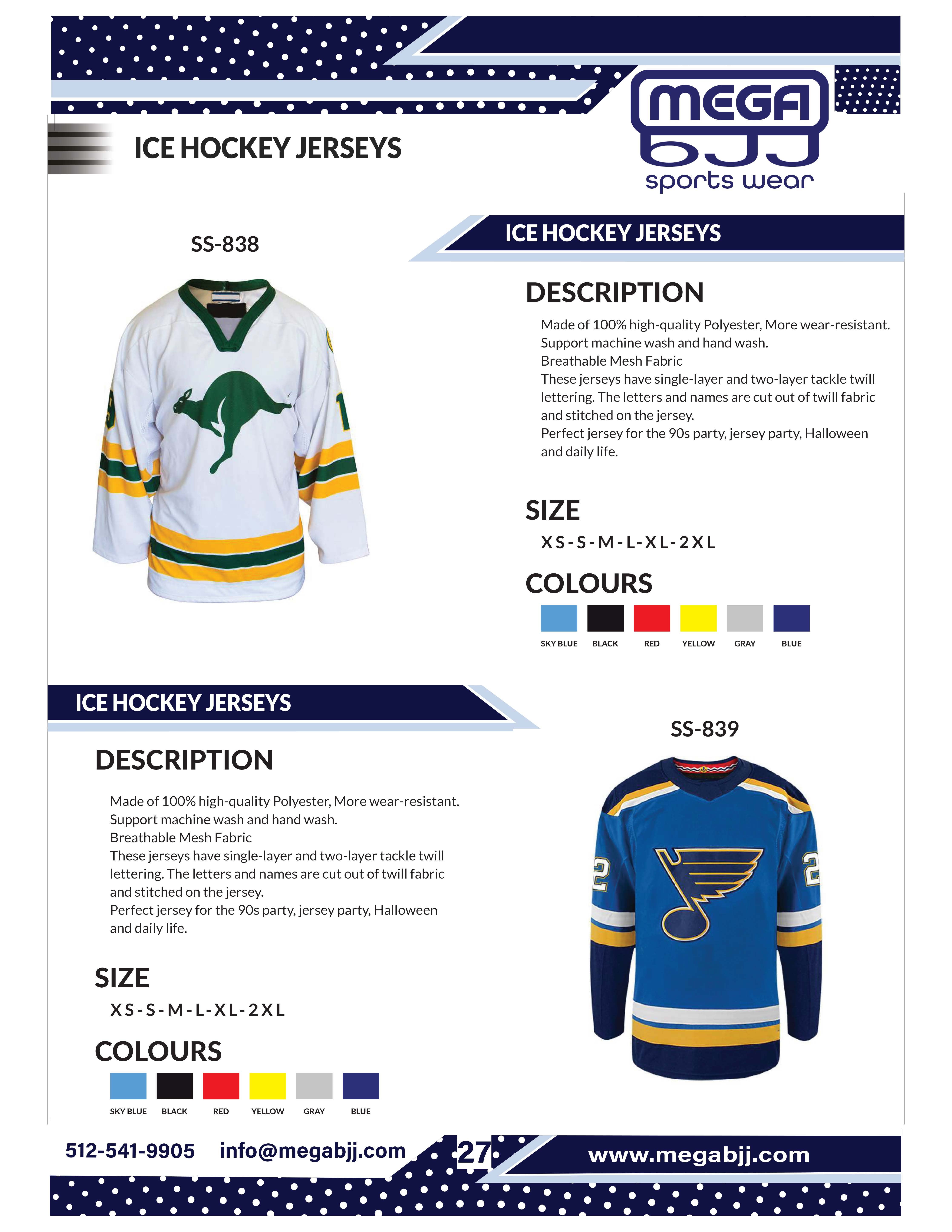 Catalog of customizable ice hockey uniforms available at Mega BJJ, featuring high-quality materials and personalized design options for teams.