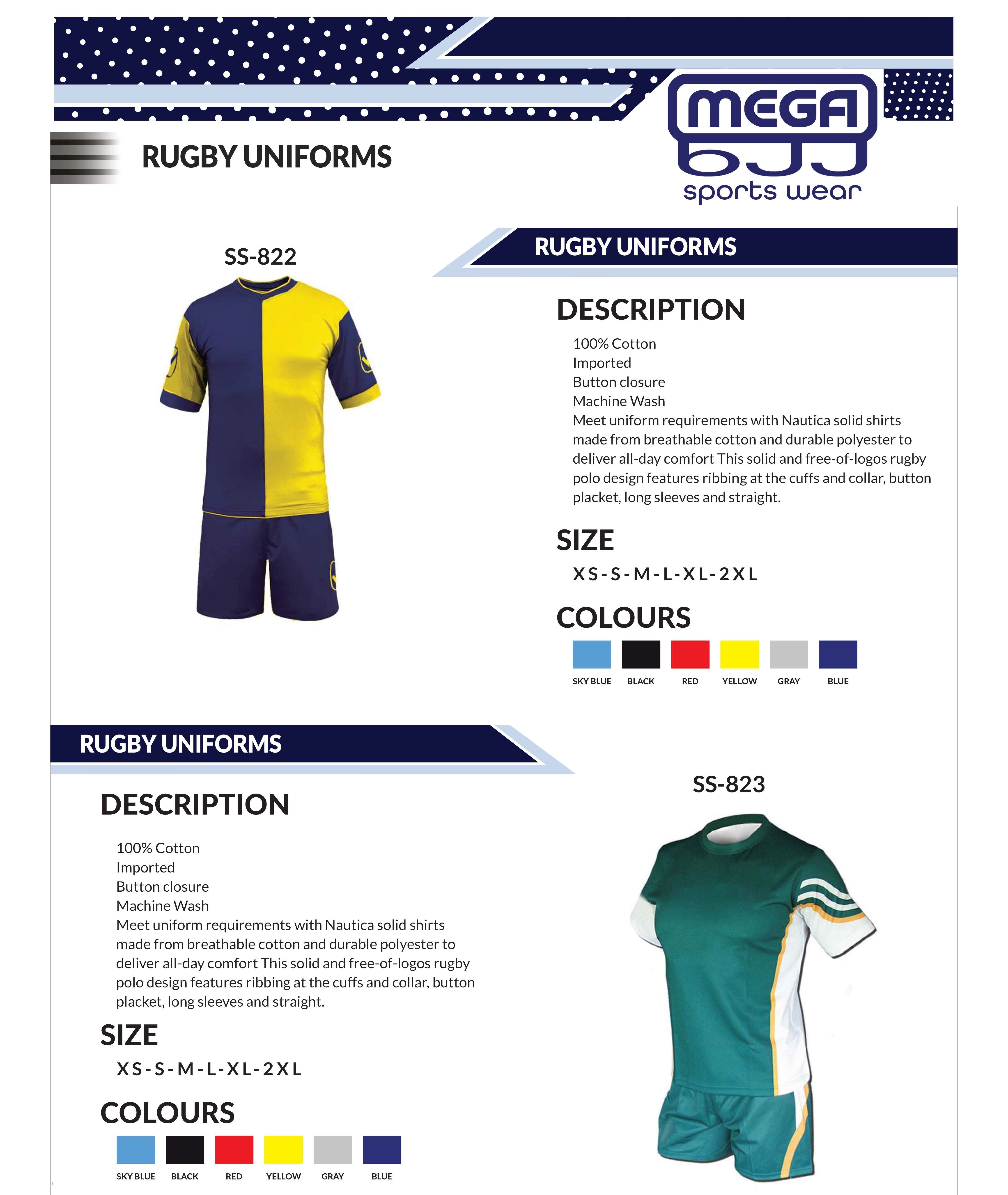Catalog of customizable rugby uniforms available at Mega BJJ, featuring high-quality materials and personalized design options for teams.
