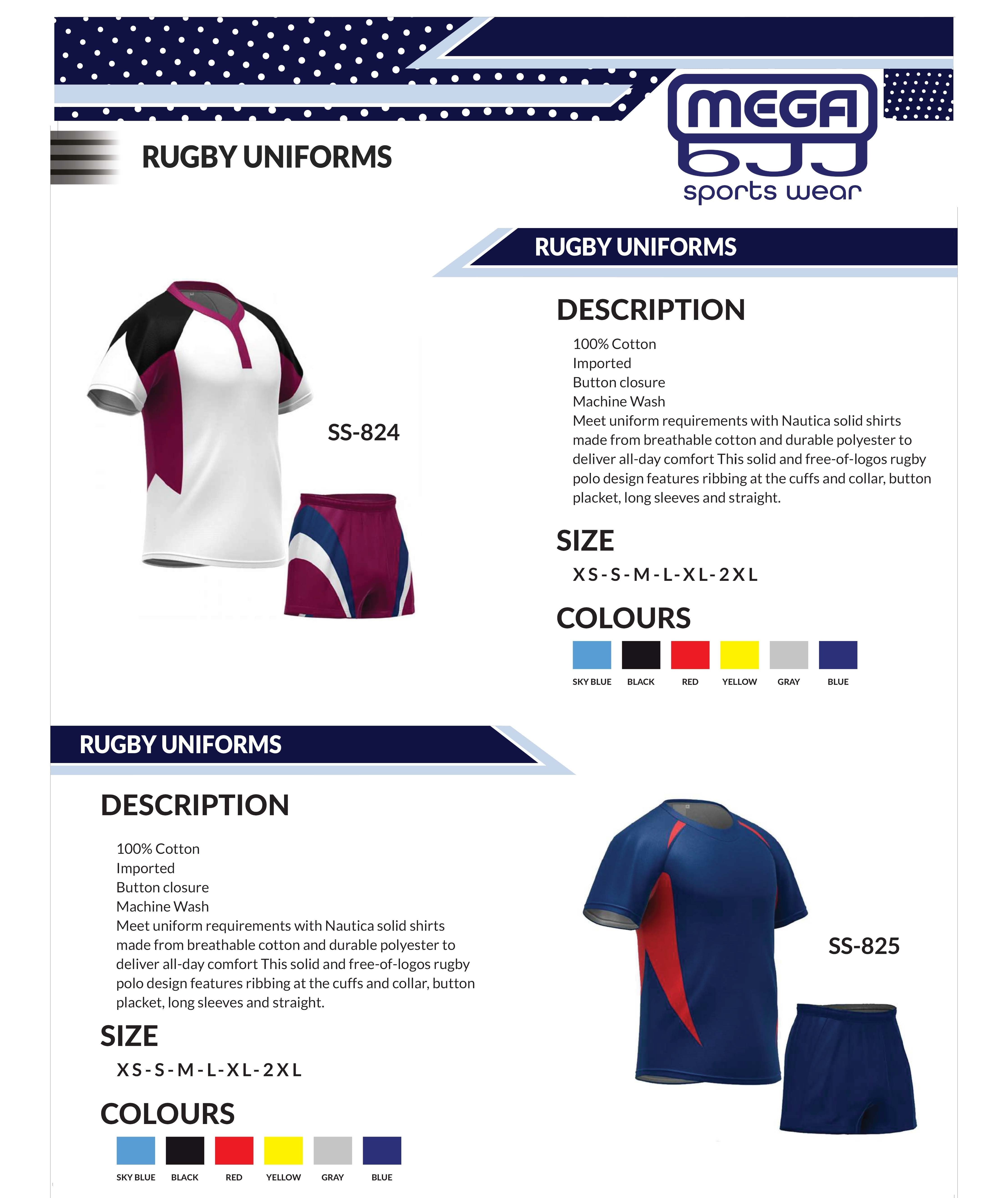 Catalog of customizable rugby uniforms available at Mega BJJ, featuring high-quality materials and personalized design options for teams.