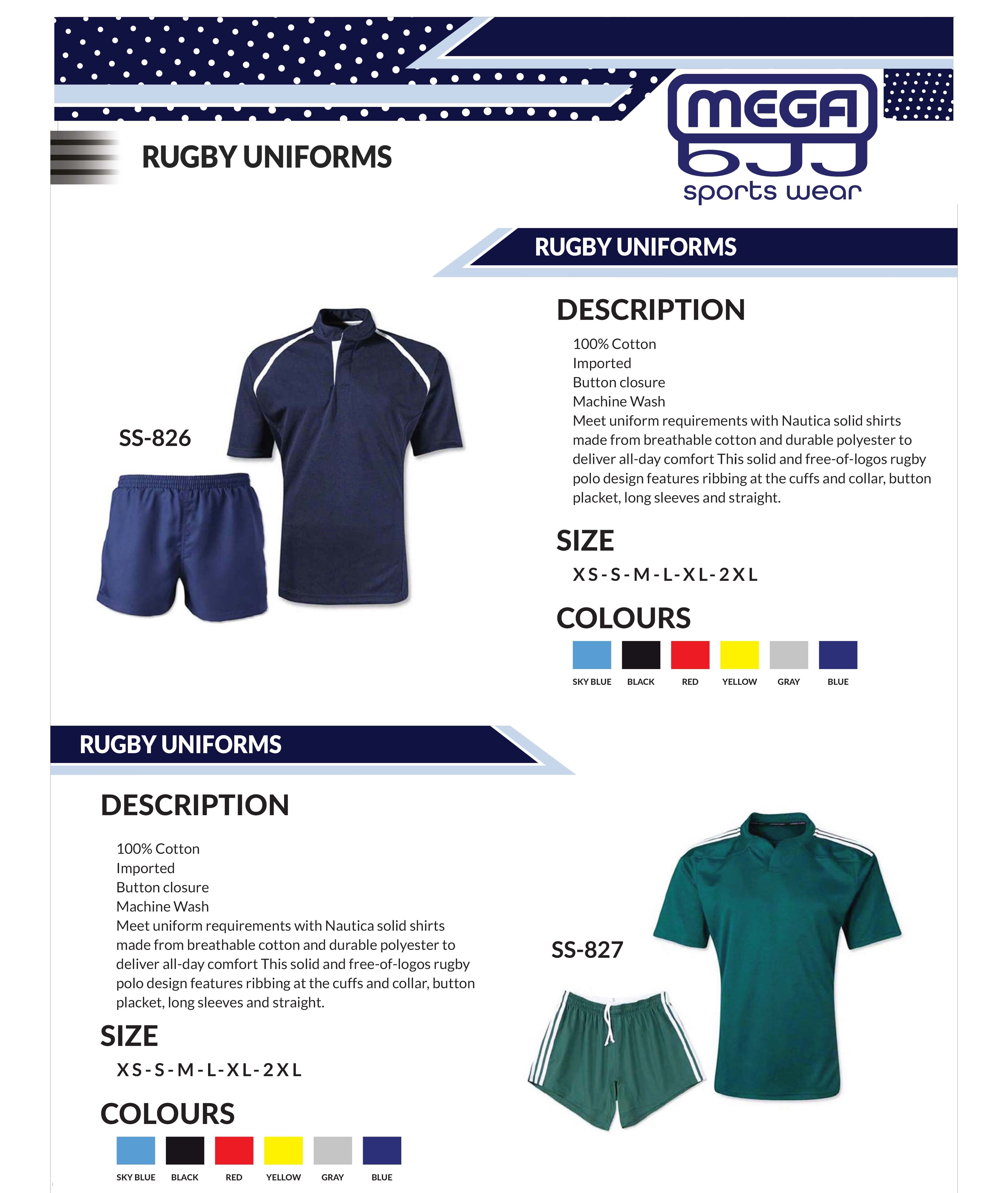 Catalog of customizable rugby uniforms available at Mega BJJ, featuring high-quality materials and personalized design options for teams.