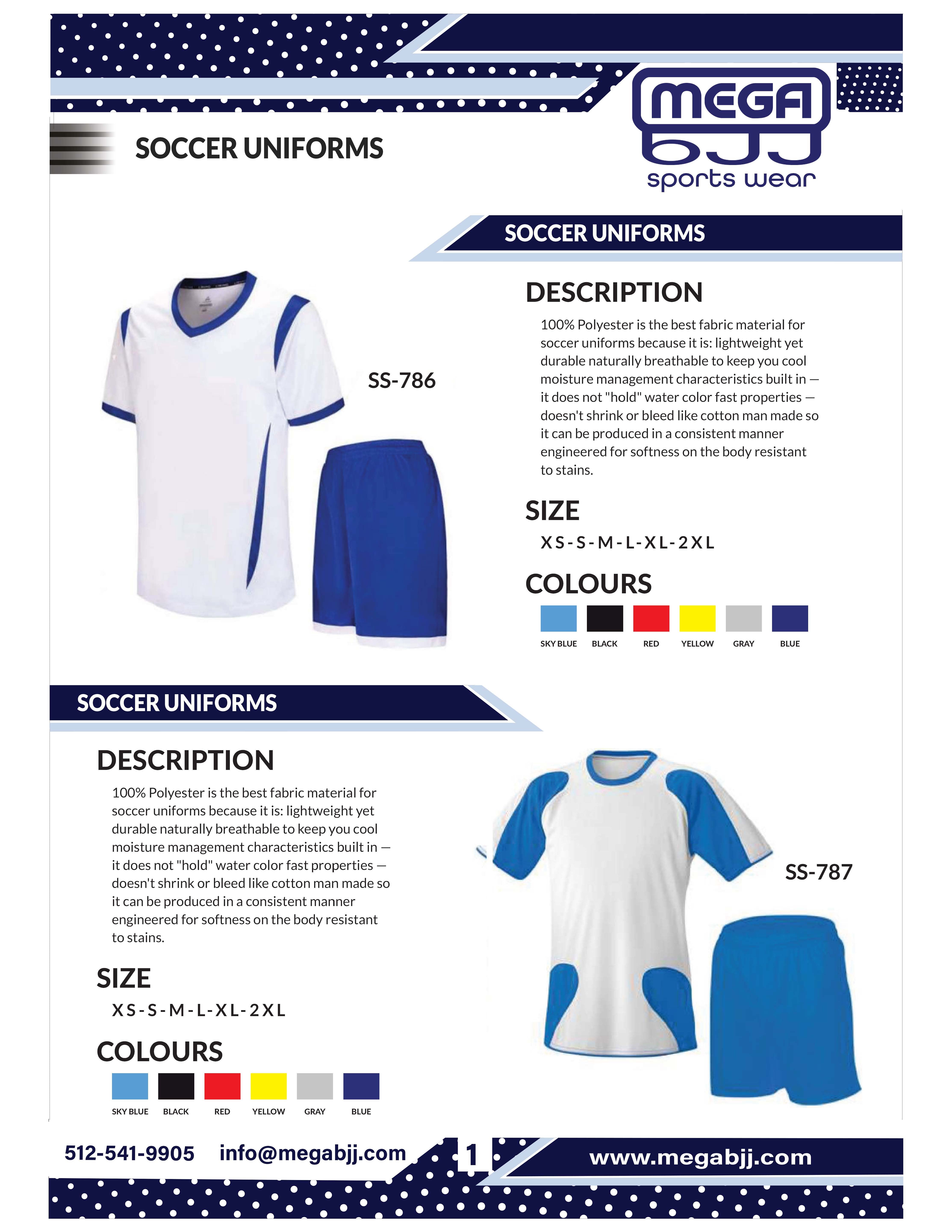 Catalog of customizable soccer uniforms available at Mega BJJ, featuring high-quality materials and personalized design options for teams.