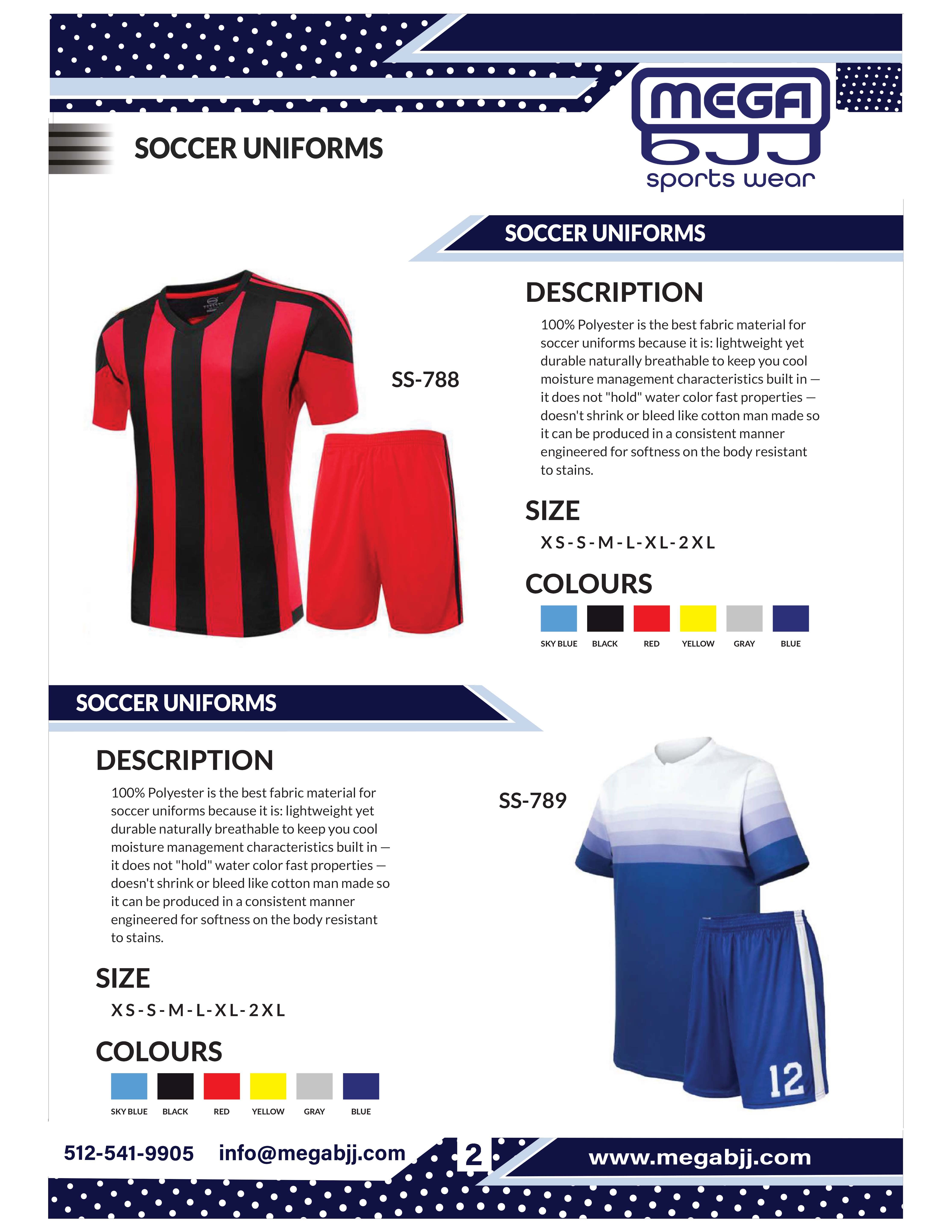 Catalog of customizable soccer uniforms available at Mega BJJ, featuring high-quality materials and personalized design options for teams.