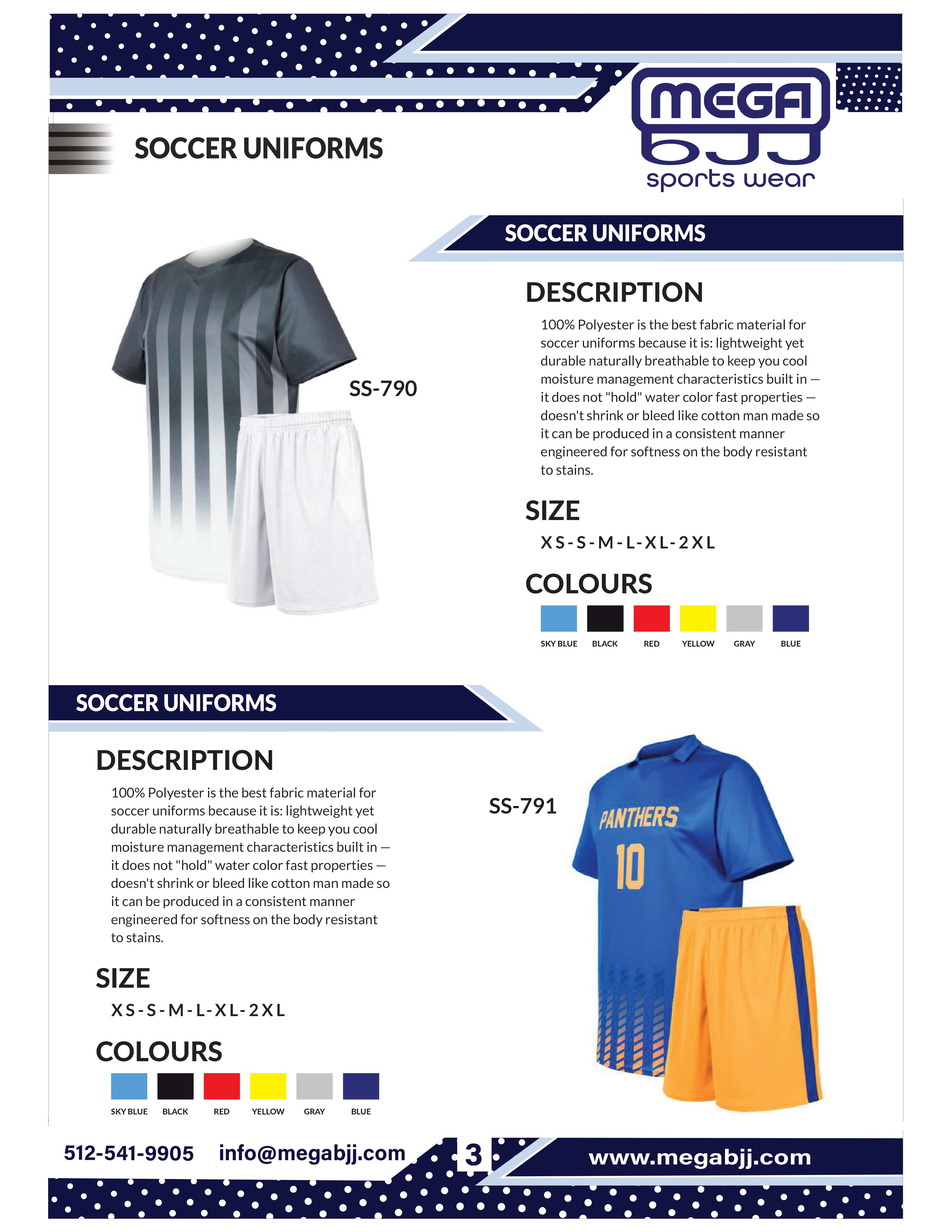 Catalog of customizable soccer uniforms available at Mega BJJ, featuring high-quality materials and personalized design options for teams.