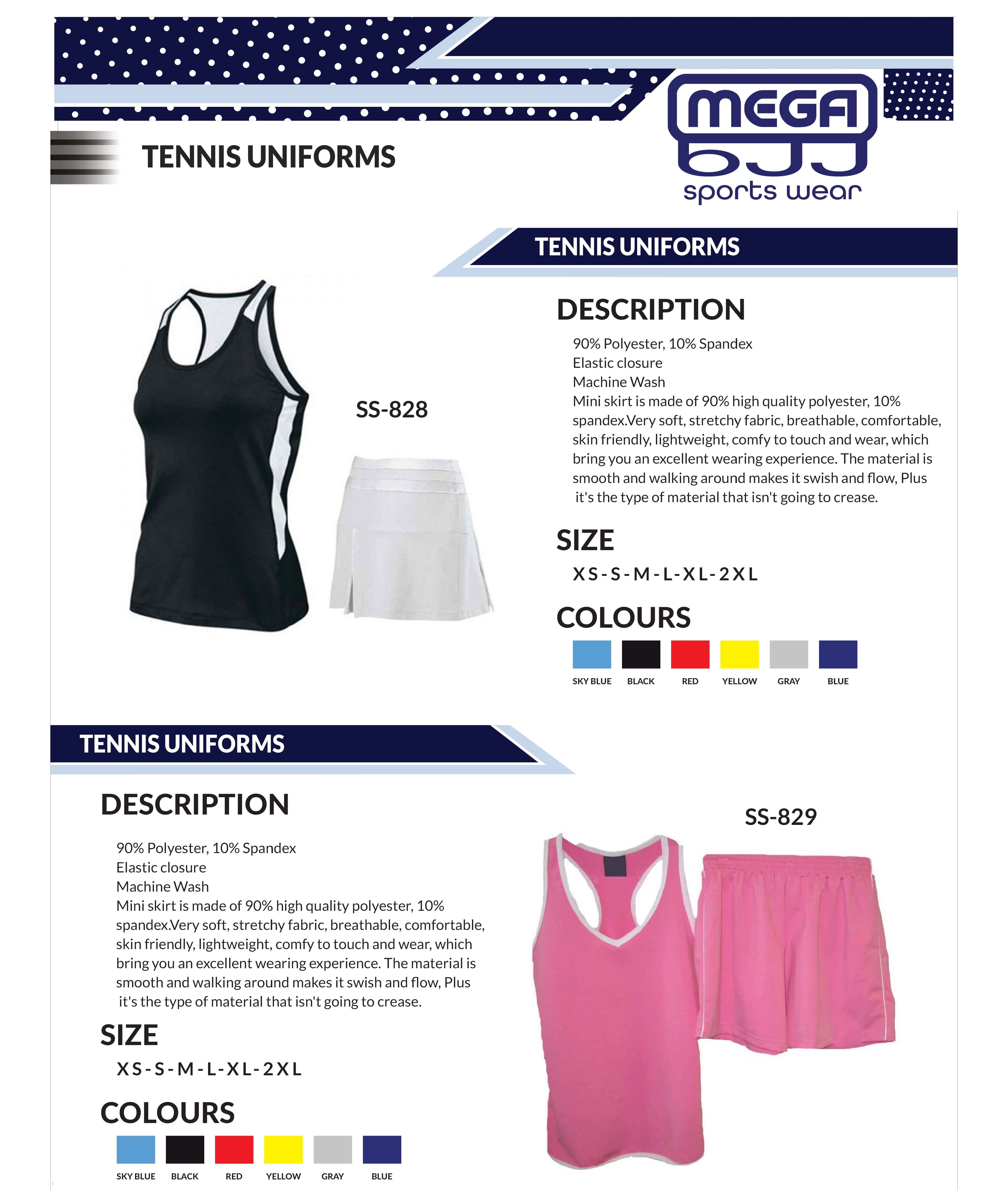 Catalog of customizable tennis uniforms available at Mega BJJ, featuring high-quality materials and personalized design options for teams.