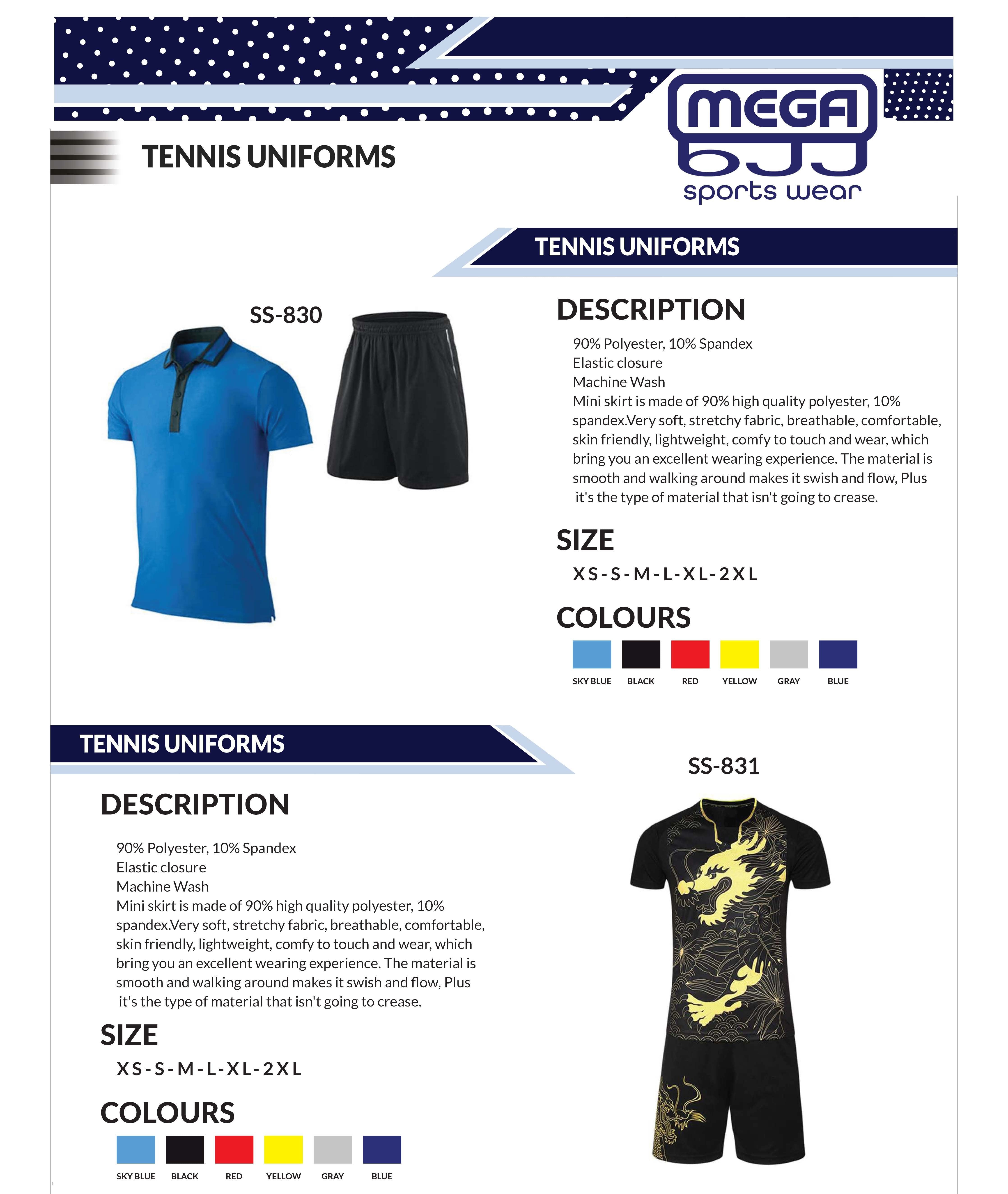 Catalog of customizable tennis uniforms available at Mega BJJ, featuring high-quality materials and personalized design options for teams.