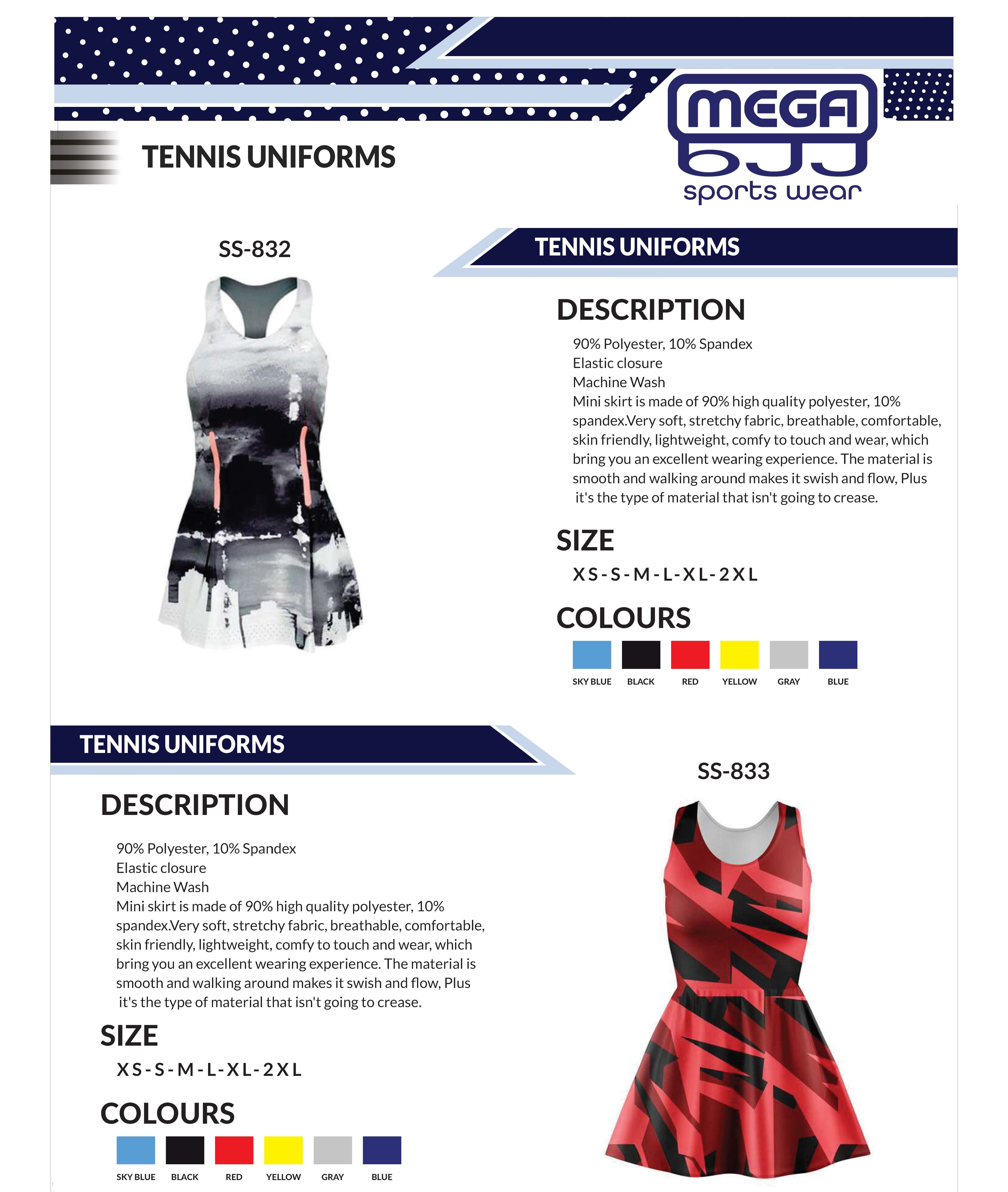 Catalog of customizable tennis uniforms available at Mega BJJ, featuring high-quality materials and personalized design options for teams.