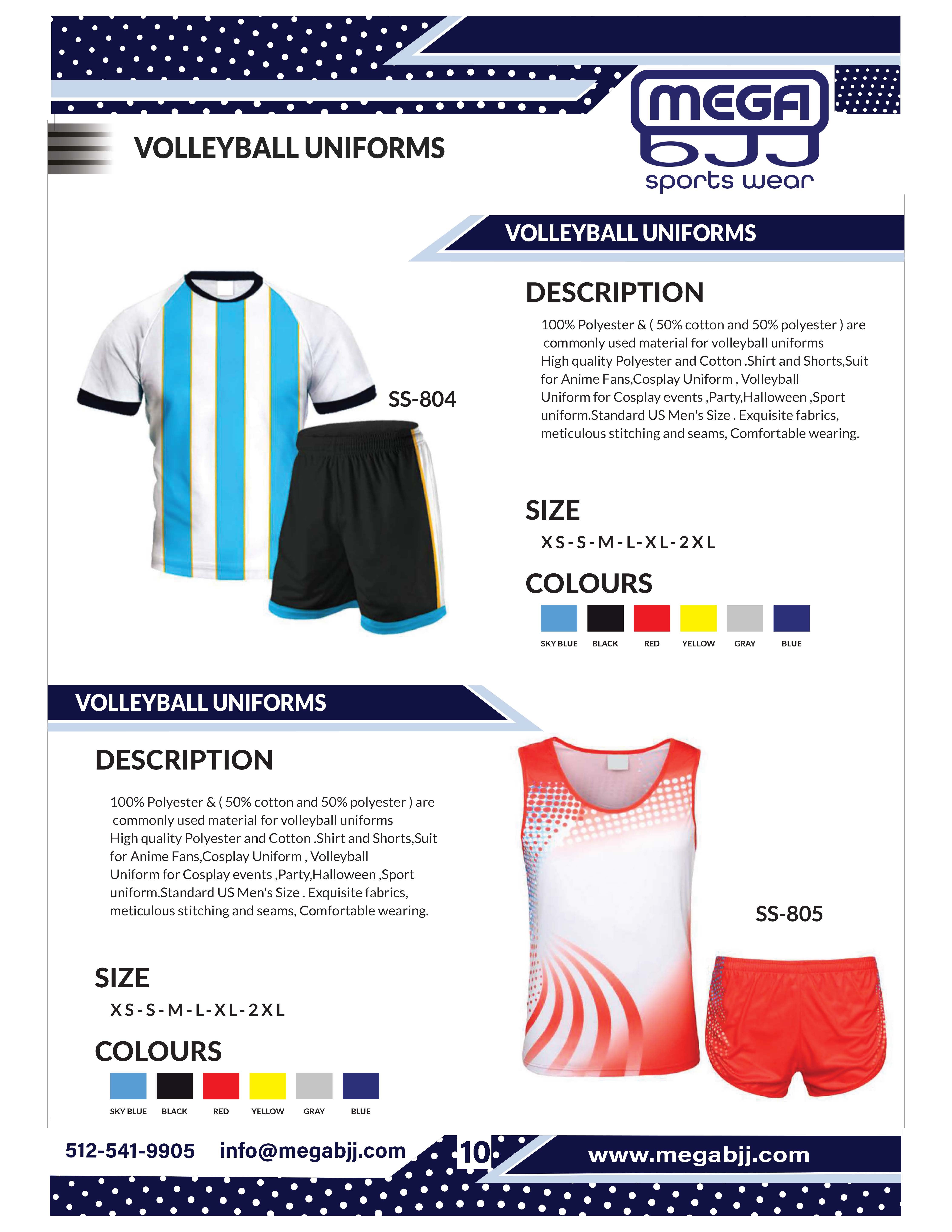 Catalog of customizable volleyball uniforms available at Mega BJJ, featuring high-quality materials and personalized design options for teams.