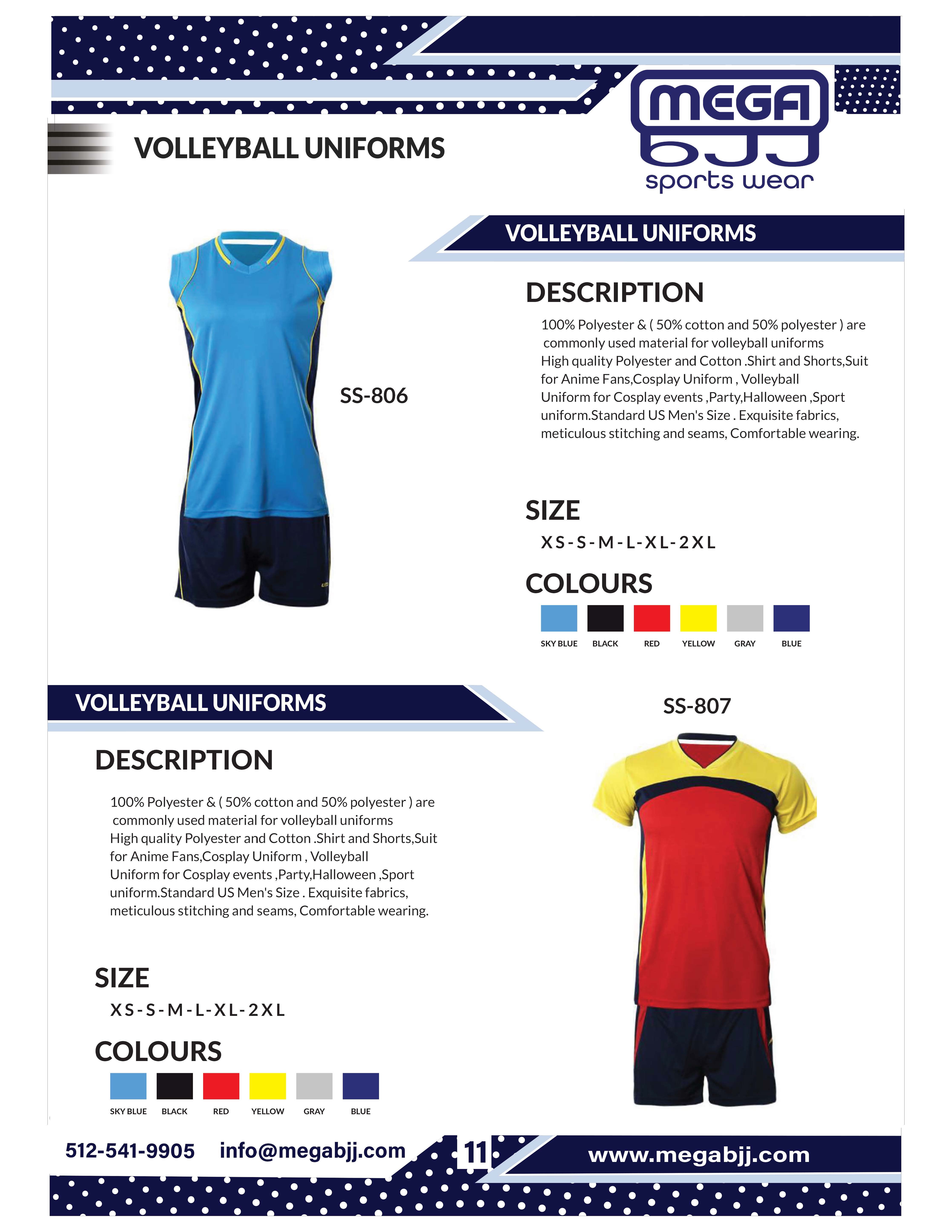 Catalog of customizable volleyball uniforms available at Mega BJJ, featuring high-quality materials and personalized design options for teams.