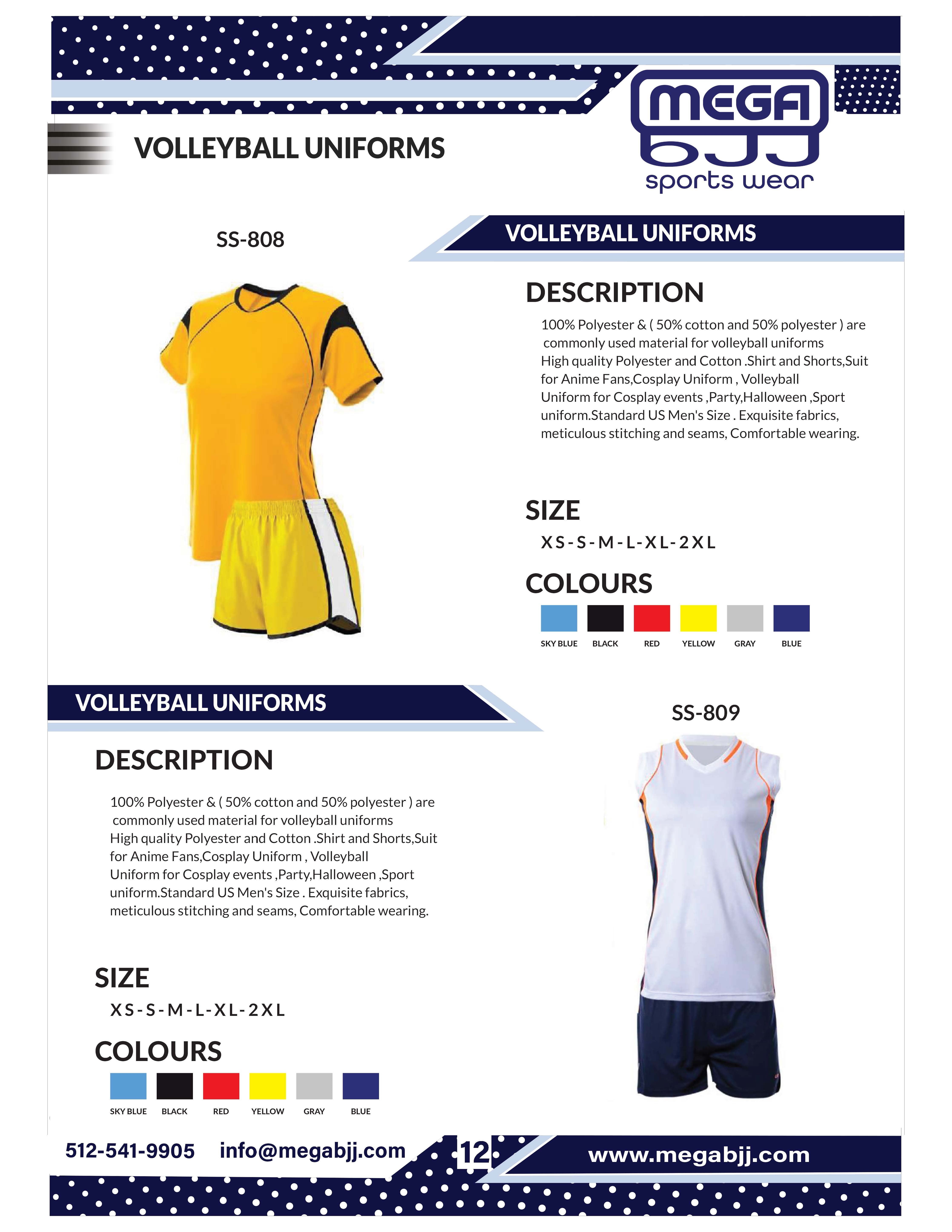 Catalog of customizable volleyball uniforms available at Mega BJJ, featuring high-quality materials and personalized design options for teams.