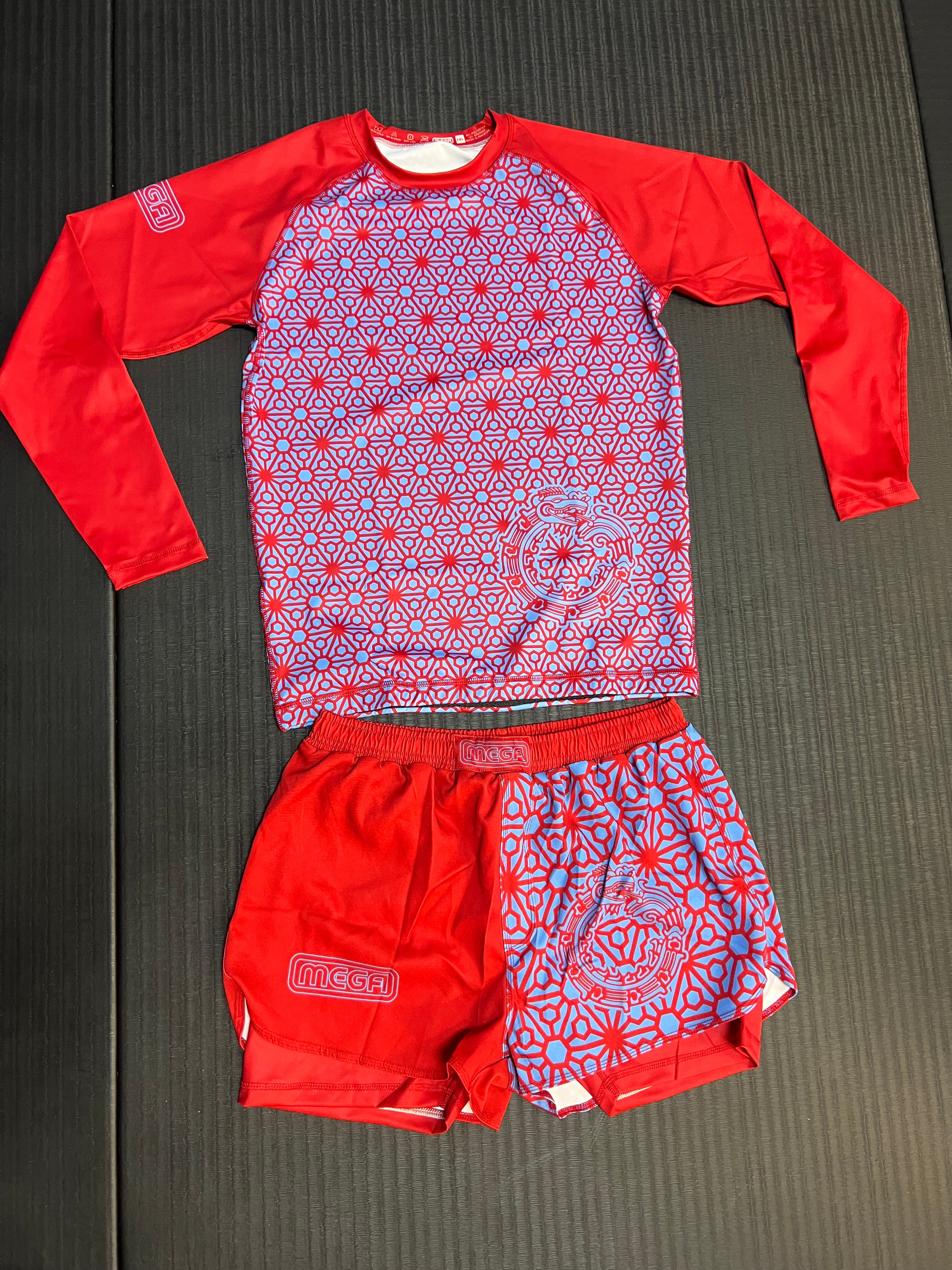 2 layer red and Blue Aztec Snake Shorts