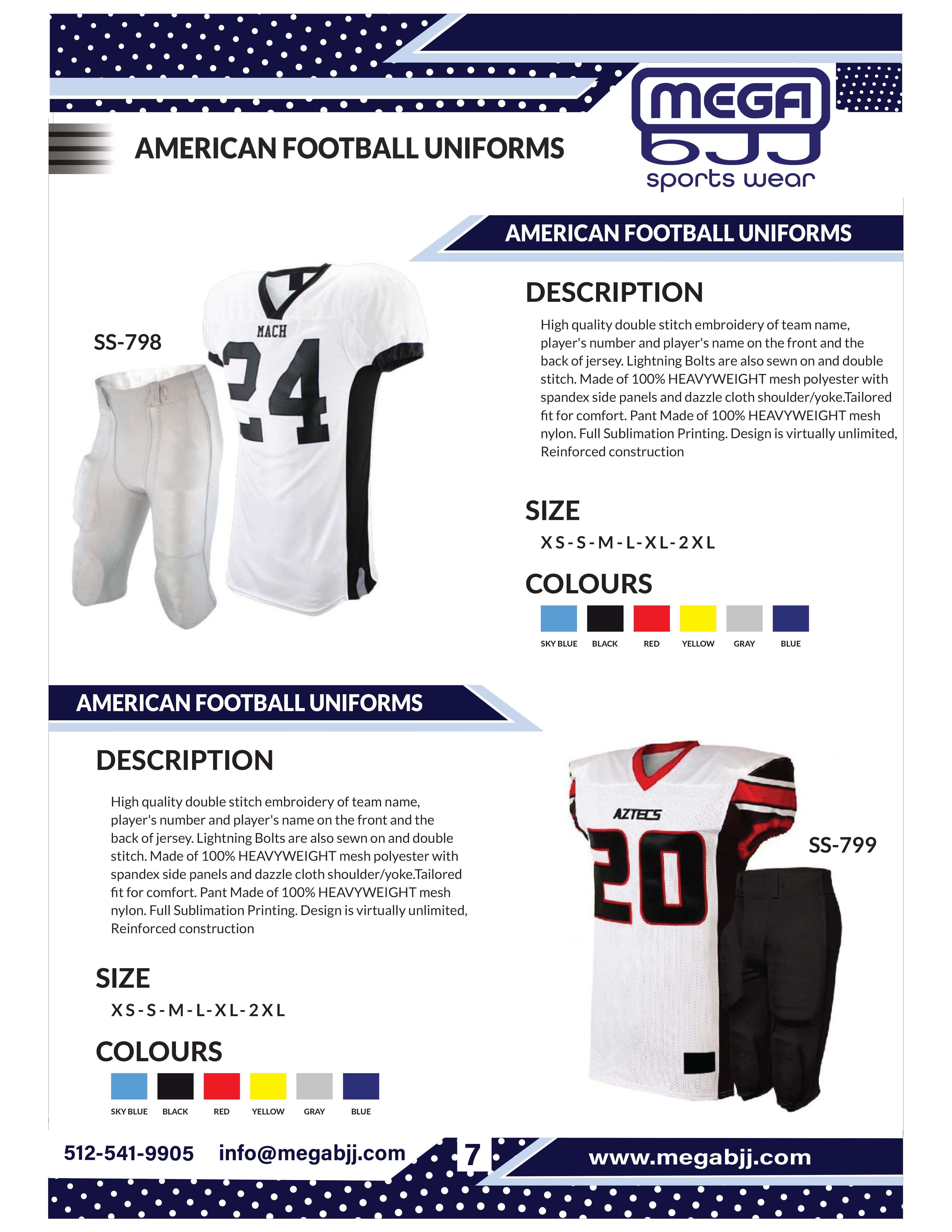 Catalog of customizable football uniforms available at Mega BJJ, featuring high-quality materials and personalized design options for teams.