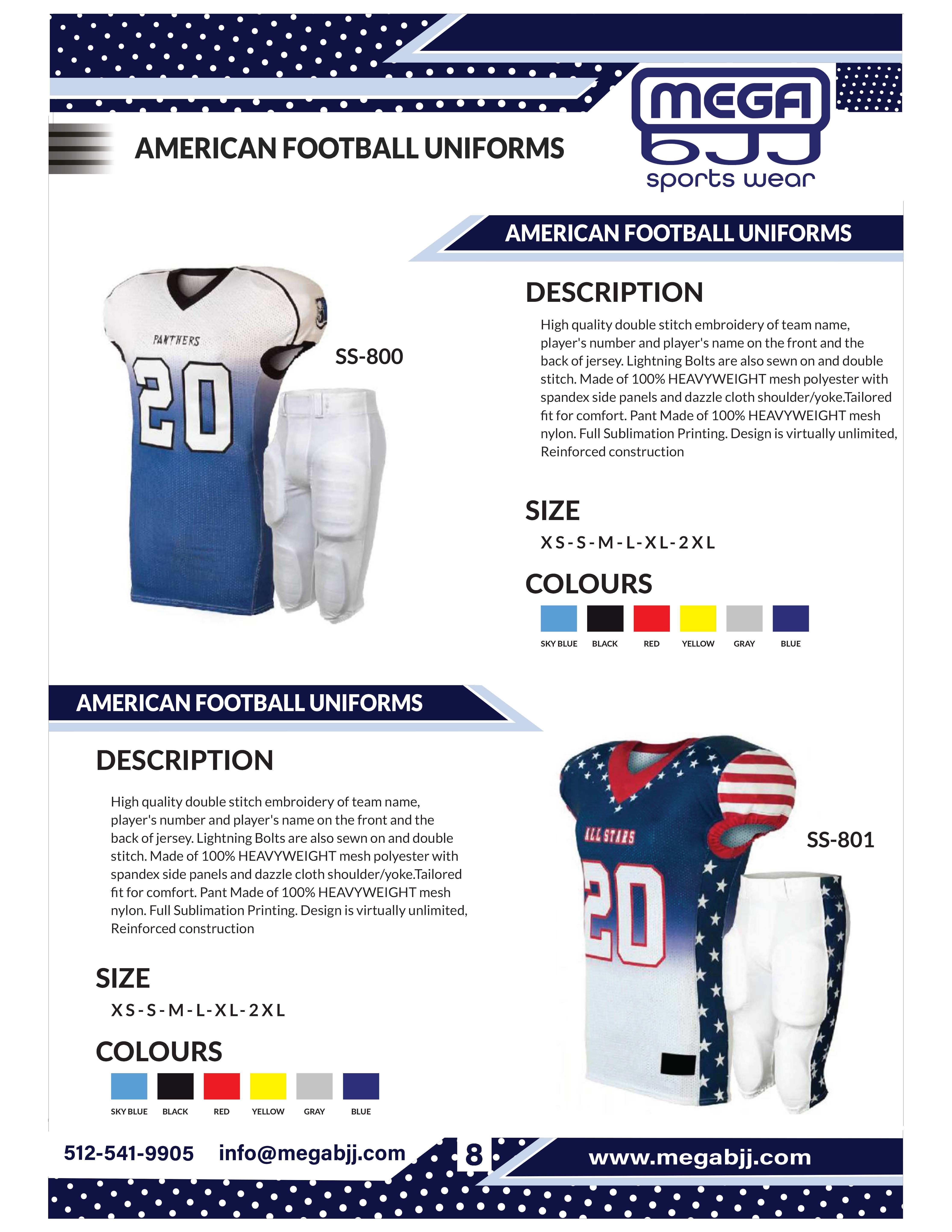 Catalog of customizable football uniforms available at Mega BJJ, featuring high-quality materials and personalized design options for teams.