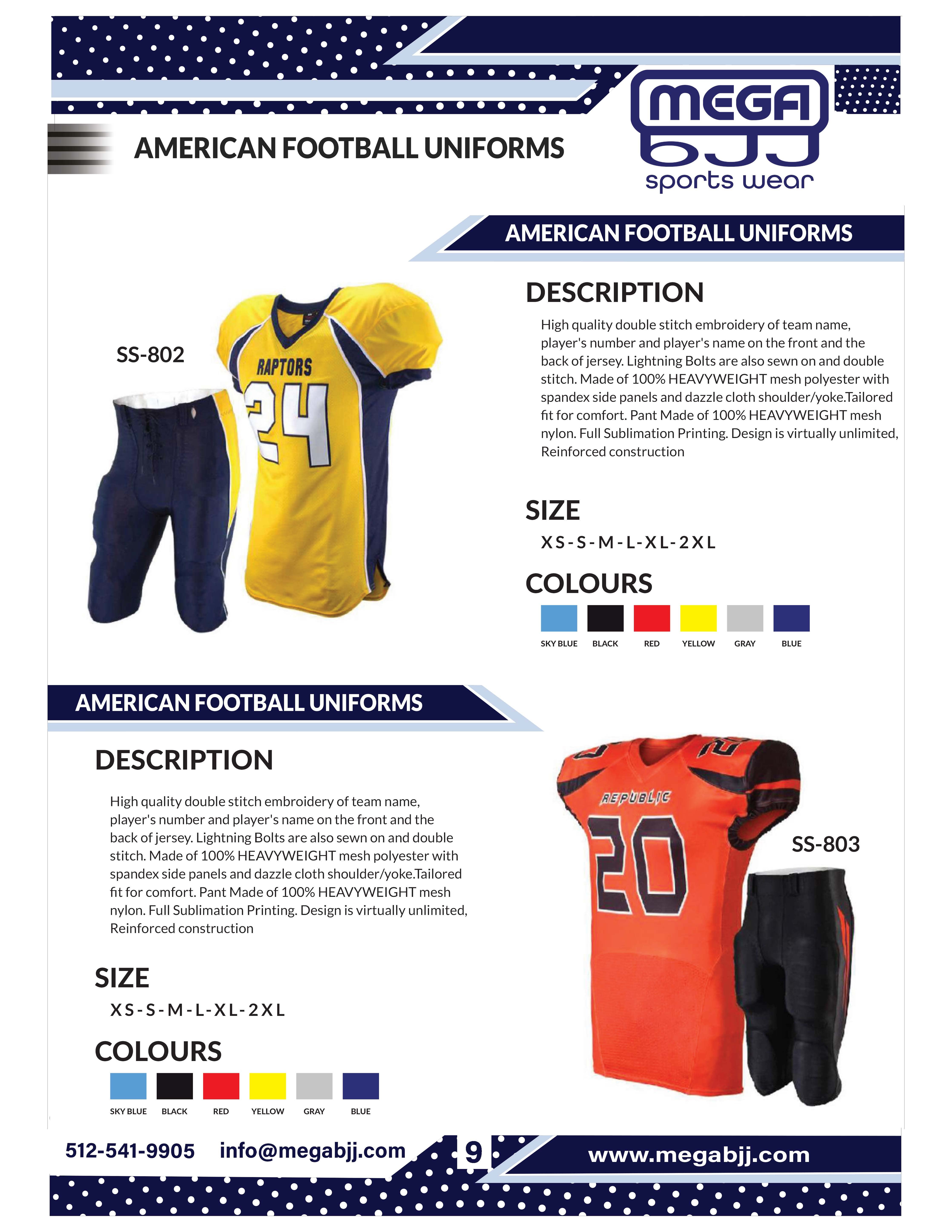 Catalog of customizable football uniforms available at Mega BJJ, featuring high-quality materials and personalized design options for teams.